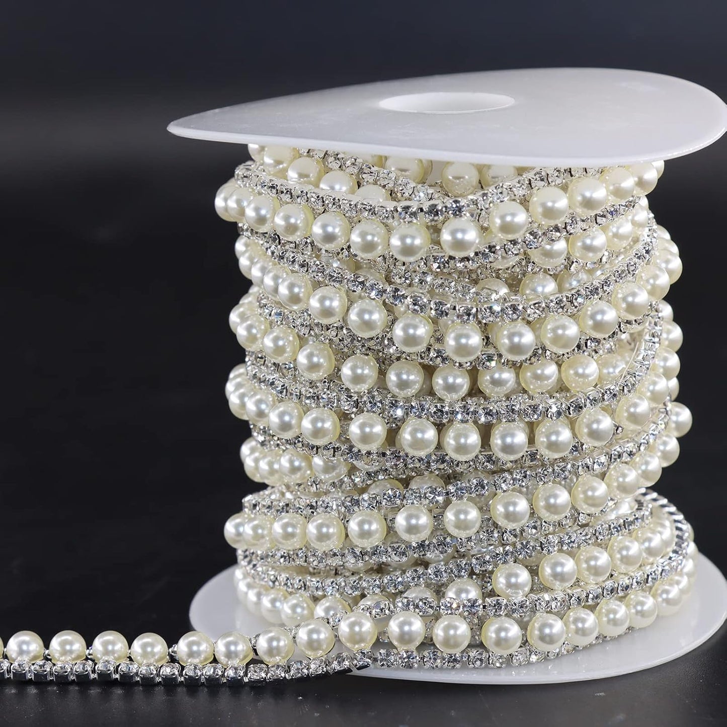 Jerler Rhinestone Trim Applique 2 Yards 2 Rows Crystal Chain Banding Diamond Inlaid White Pearl Beaded Rhinestones for Crafts Clothing and Bridal Embellishments Wedding Ideas Christmas Decorations
