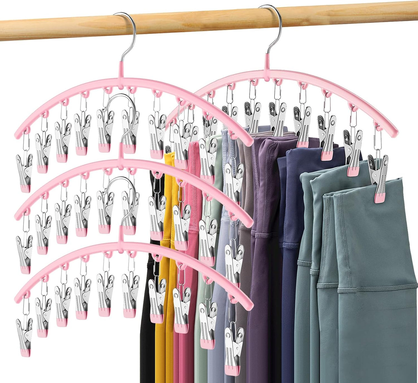 Legging Organizer for Closet, Metal Yoga Pants Hangers 4 Pack w/10 Clips Holds 40 Leggings, Space Saving Hanging Closet Organizer w/Rubber Coated Closet Organizers and Storage, Pink