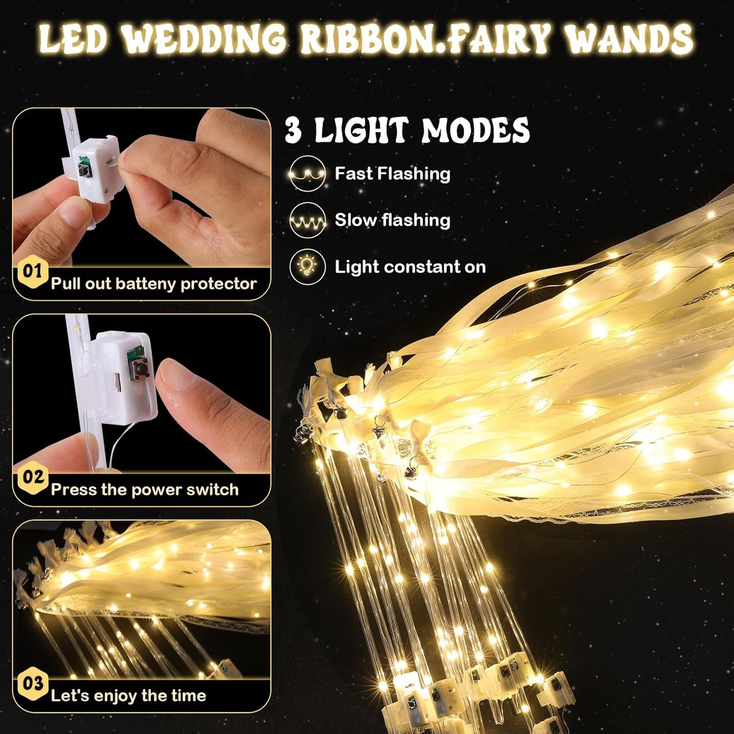 100 Pcs Wedding Wands Ribbon with 3 Colorful Flashing Modes, Light up LED Silk Fairy Wands, Glow Lace Stick with Bells for Wedding Reception, Graduation, New Year, Birthday Party (Warm White)