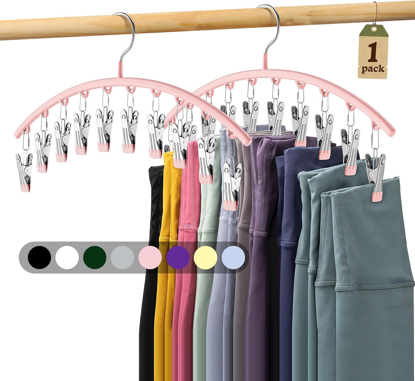 Metal Yoga Pants Hangers 1 Pack w/10 Clips Holds 10 Leggings, Space Saving Hanging Closet Organizer w/Rubber Coated Closet Organizers and Storage, Pink