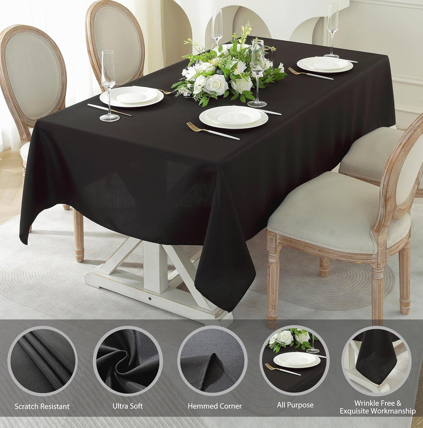 Craft And Party Rectangle Tablecloth, 60 x 102 Inch Black, 6ft Washable Polyester Tablecloth for Home, Party, Wedding or Restaurant