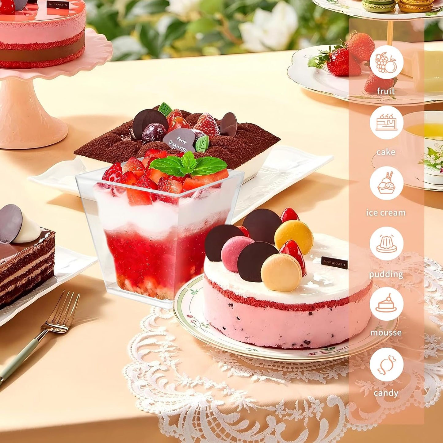 50 Pack 5 oz Clear Plastic Square Dessert Cups with Spoons，Mini Disposable Parfait Cups for Yogurt, Ice Cream and Tasting，Serving Cups for Appetizer，Pudding，Party (5 oz)