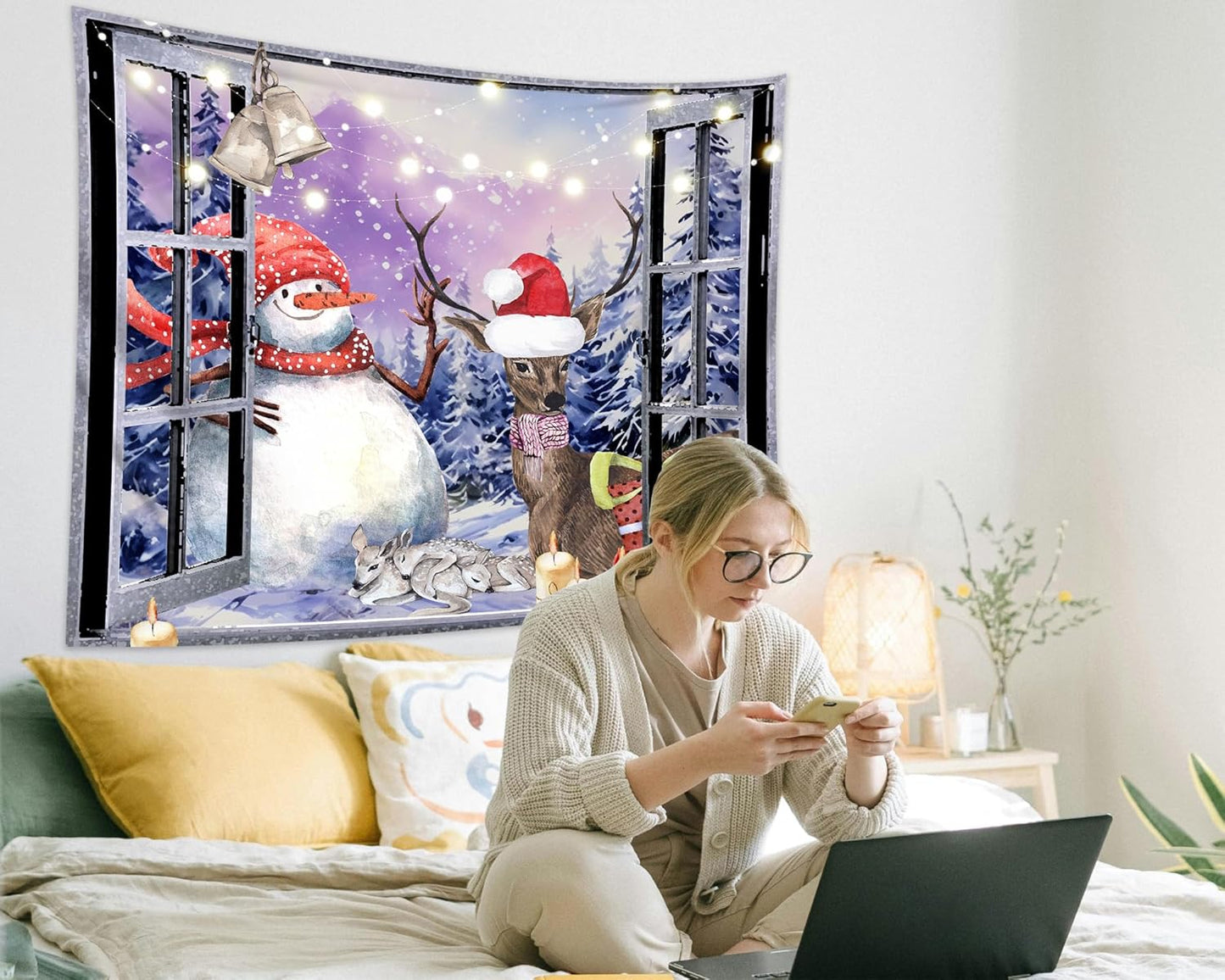 QGHOT Christmas Window Tapestry Wall Hanging Christmas Backdrop Winter Window Wall Decor Xmas Snowman Deer Tapestries for Bedroom Living Room Dorm Holiday Party Decoration, Large