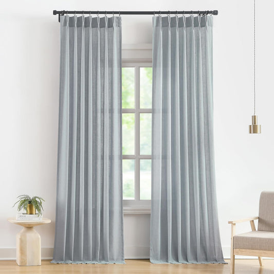 Vision Home Blue Fog Pinch Pleated Semi Sheer Curtains Textured Linen Blended Light Filtering Window Curtains 120 inch for Living Room Bedroom Pinch Pleat Drapes with Hooks 10ft 2 Panels 40" Wx120 L
