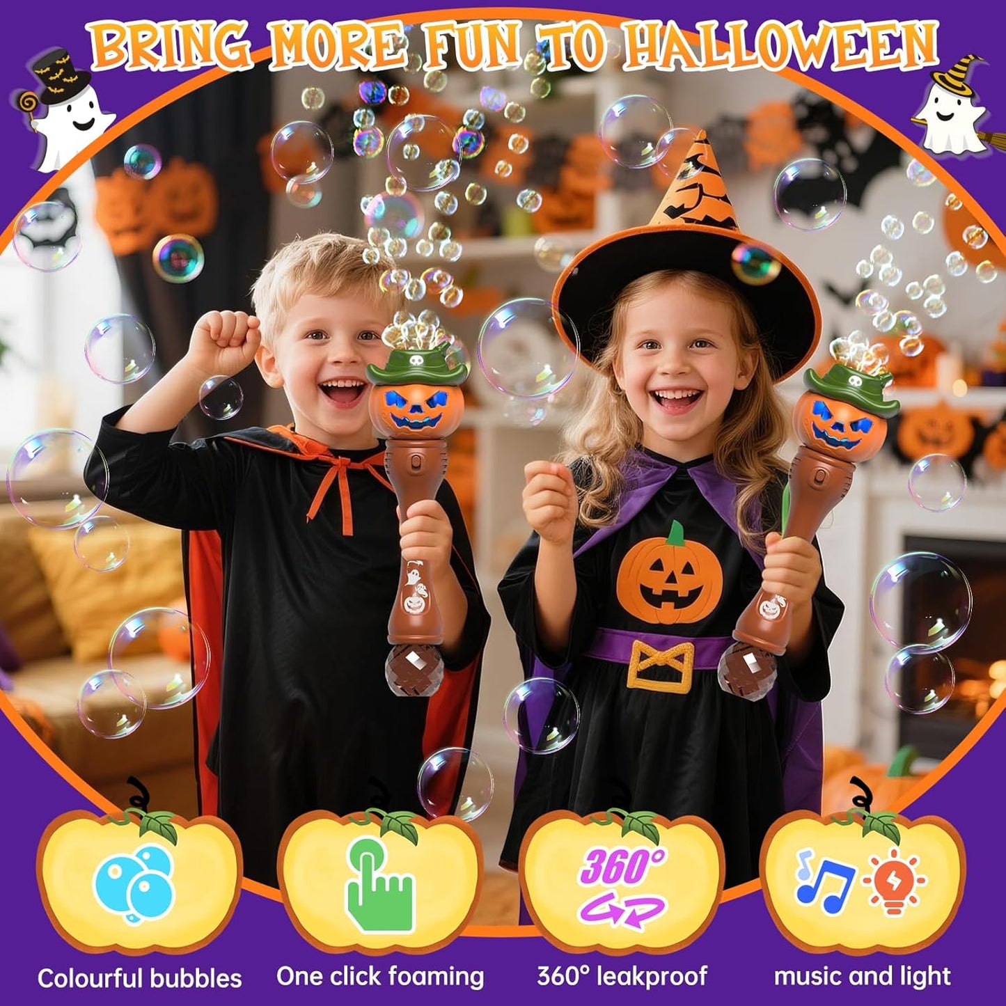 Halloween Bubble Machine Wand for Kids, Light up & Music Pumpkin Bubble Wand-1 Temporary Tattoos and 5 Bubble Solution, Halloween Boo Basket Stuffers for Toddlers Boys & Girls 3 4 5 6 7 8 + Years Old