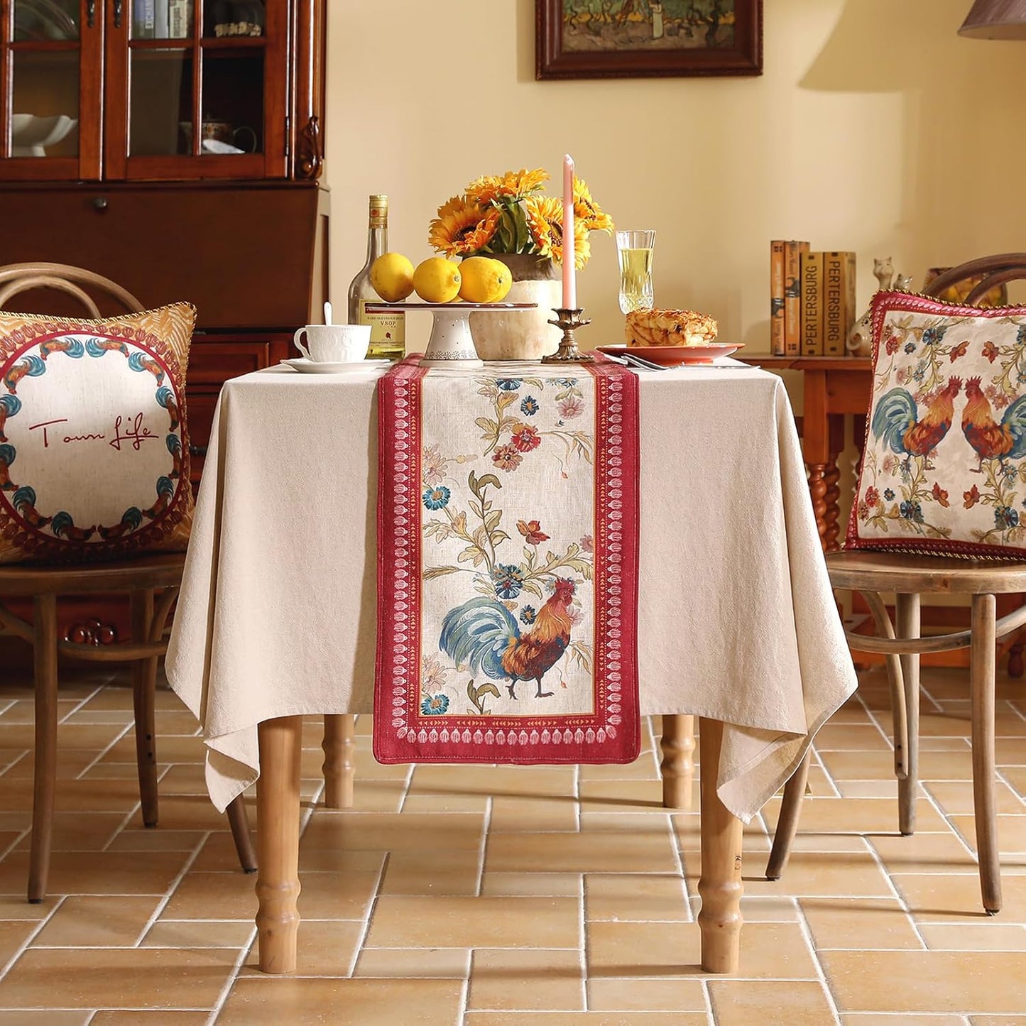 patdrea Designer Farmhouse Linen Table Runner, Rustic Cottage Mauve with Rooster and Floral Pattern Fabric Table Mat, Decoration for Kitchen Dining Coffee Table Banquet Christmas , 12"*87"