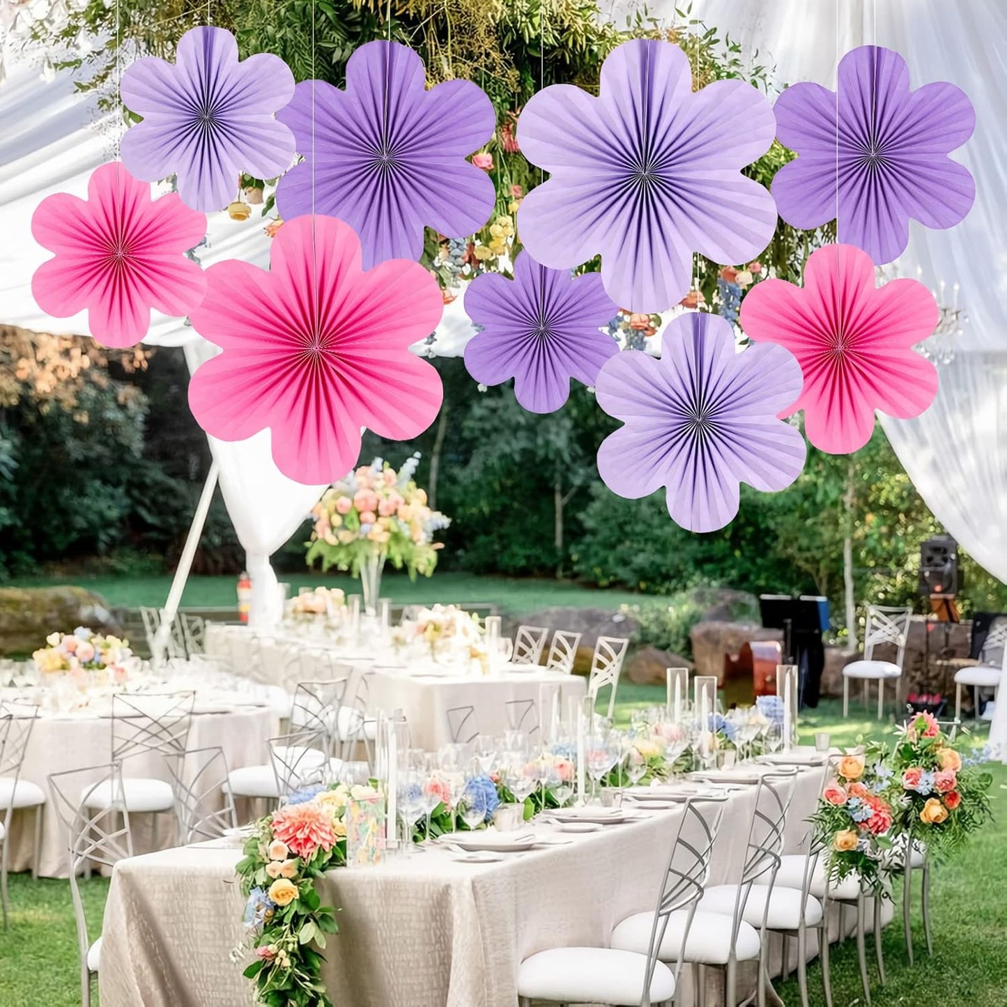 SUNBEAUTY Flower Party Decorations Paper Fans Classroom Decoration Paper Floral Backdrop Decor Paper Fans Decoration Hanging Paper Fans Purple Flower Wall Decor,Set of 9