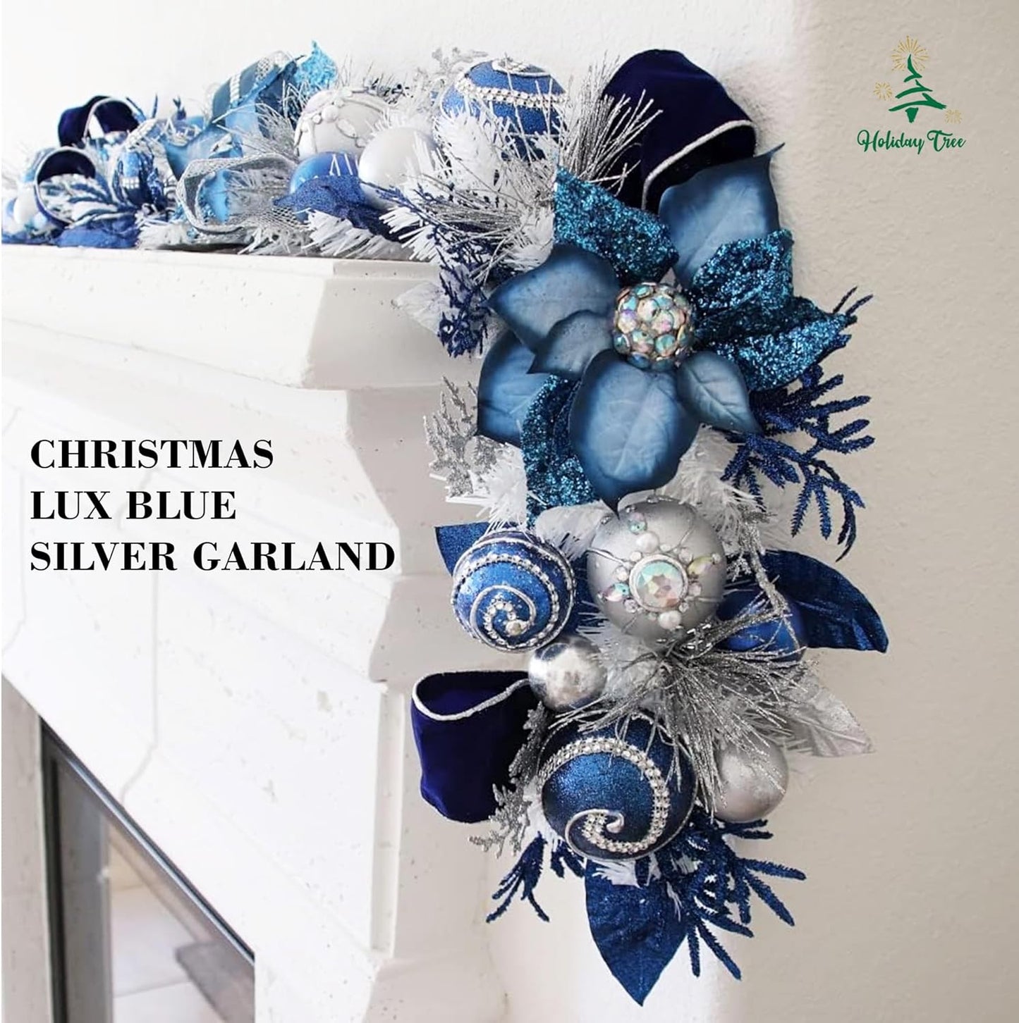 5 ft Christmas Garland for Mantle Unlit Garland for Stairs Railing, Banister, Staircase, Fireplace, for Table No Light, Garland Decor Frosted Red Poinsettia Holiday Tree (Lux Blue Silver)