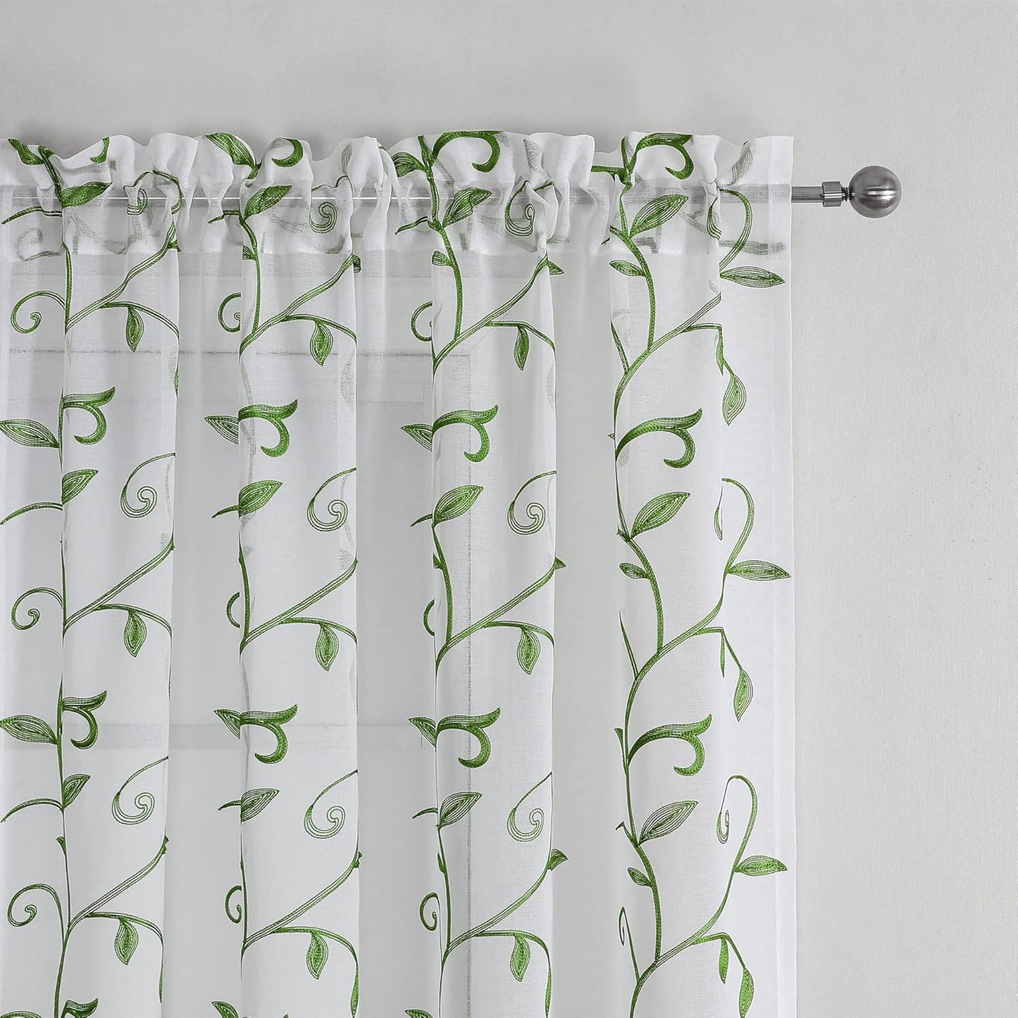 VISIONTEX Embroidered Green Sheer Voile Curtains, Leaves Embroidery Faux Linen Rod Pocket Window Drapes for Living Room and Girls Bedroom 54 x 95 Inch, Set of 2 Curtain Panels