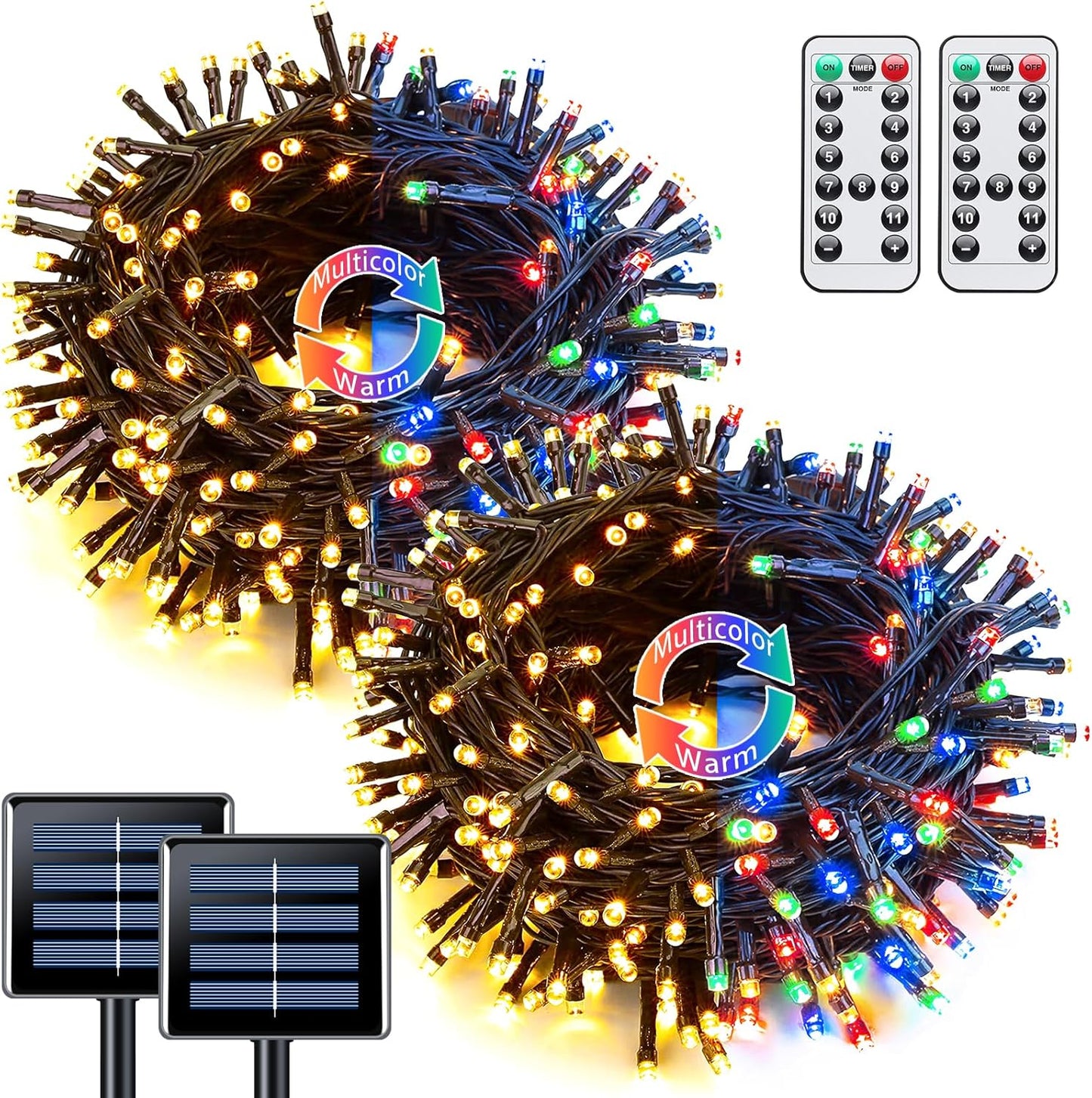 JMEXSUSS 2 Pack Warm White & Multicolor Solar Christmas Lights Outdoor, Each 100 LED 33ft Solar Color Changing Lights Outdoor Waterproof for Christmas Tree Decorations