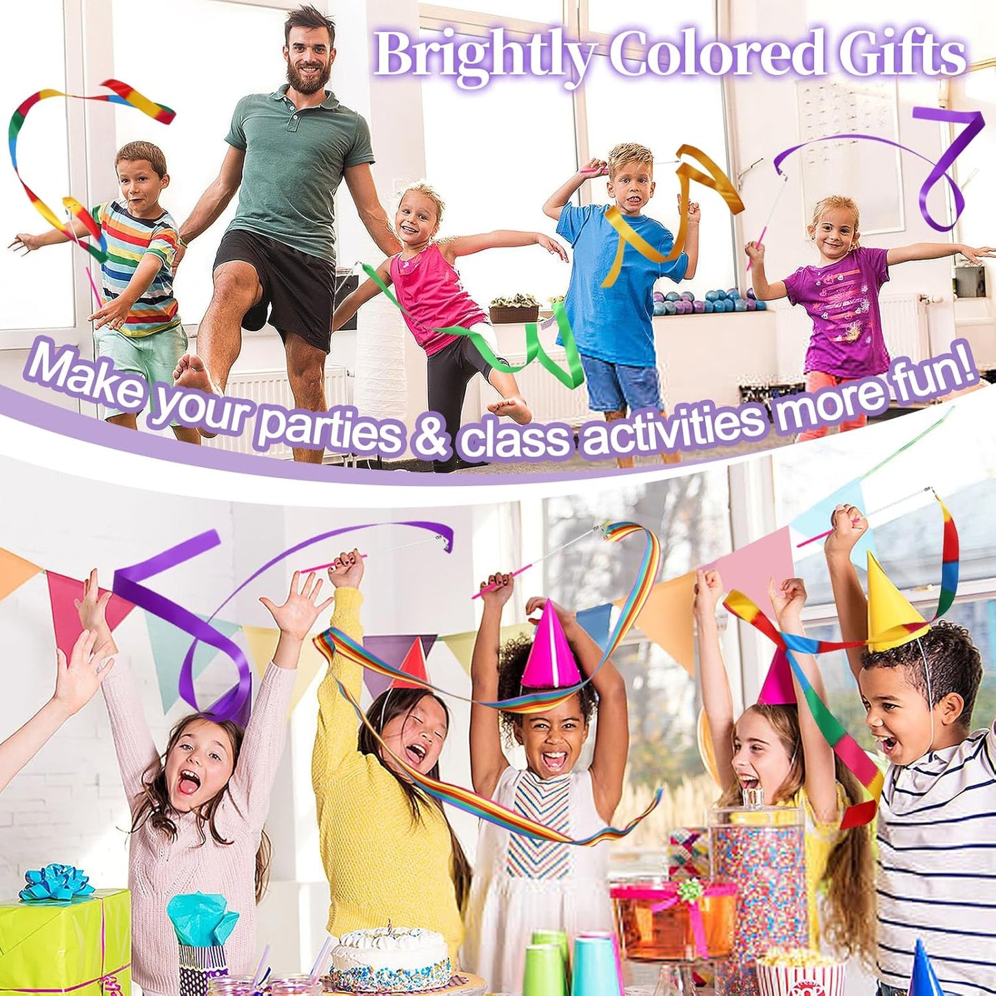 PAMASE Dance Ribbons - 16 Packs Ribbon Wands with Non-Slip Handles for Girls Gift, 6.6ft Rhythmic Gymnastics Dancing Rainbow Twirler Sticks Streamers Dance Flags