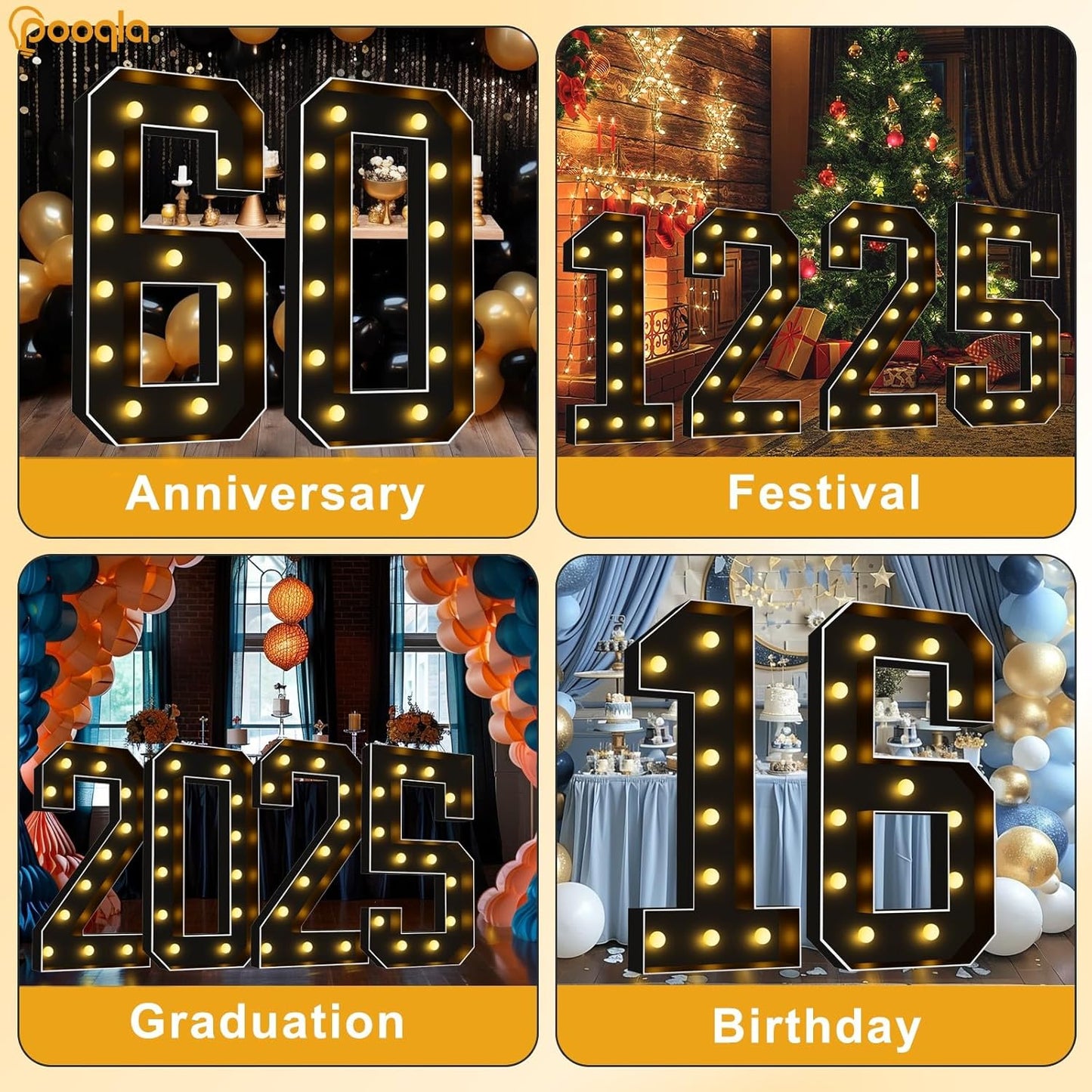 Pooqla 4 FT Light Up Marquee Numbers, Black Marquee Number Lights 4 Feet Tall for 6th 16th 60th Birthday, Giant Letter Big Mosaic Numbers for Balloons Party Anniversary Wedding Decorations, Number 6