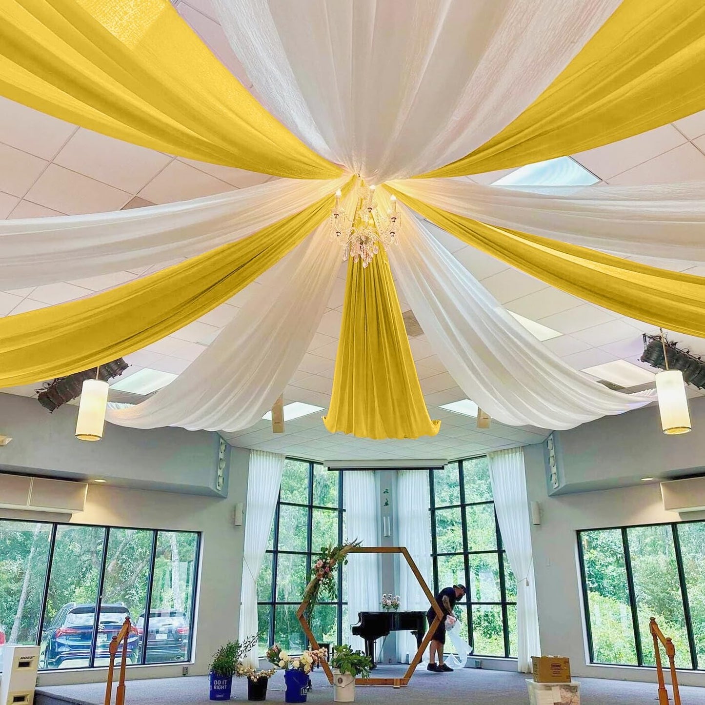 MODFUNS Gold Ceiling Draping Fabric Sheer Ceiling Drapes for Weddings 5x20ft 6 Panels Chiffon Arch Drapery Tent Ceiling Drape Vintage Tulle Curtain Backdrop for Ceremony Party Event Supplies