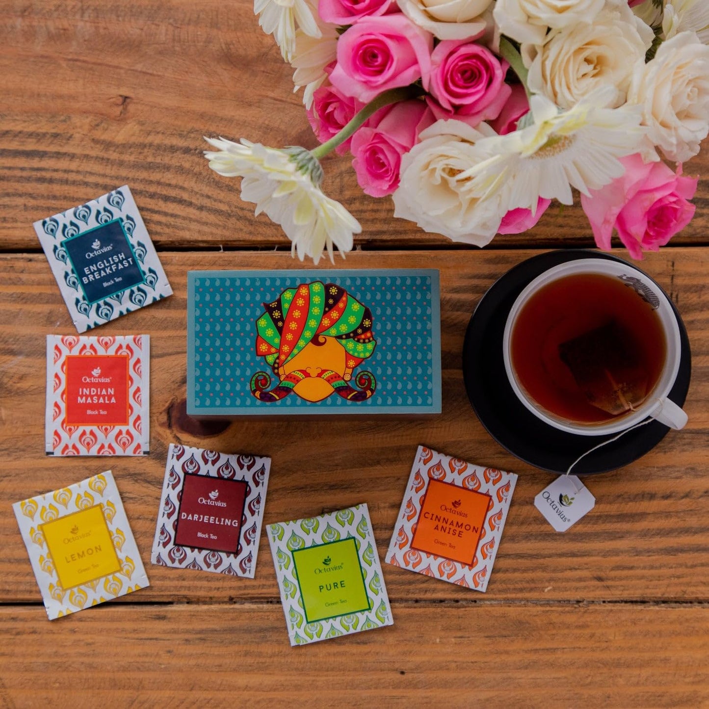 Octavius Urban Print Wooden Tea Sampler Box | Variety Pack Sampler | Perfect For Gifting & Thanksgiving - 6 Flavours & 30 Bags