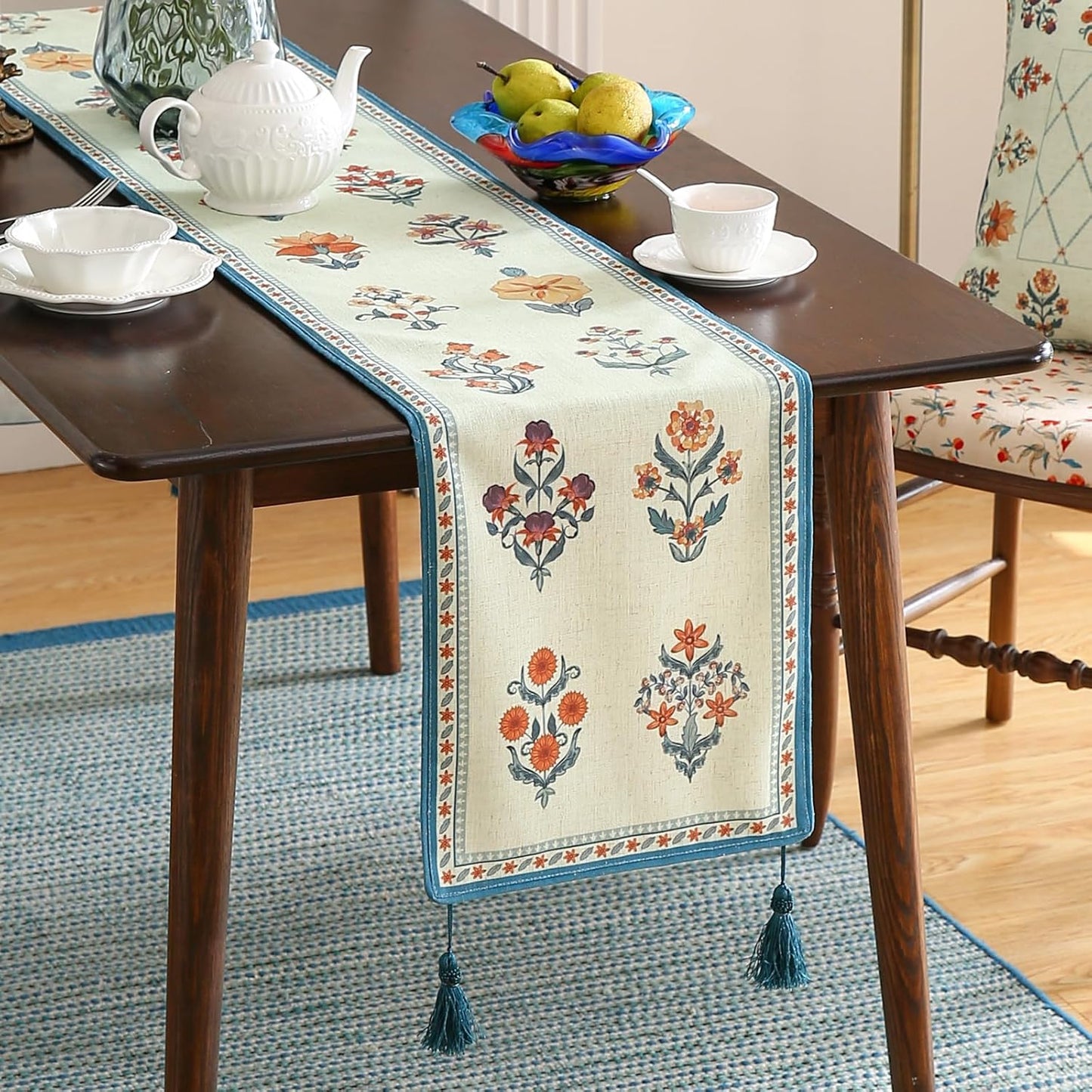 ISAENNE Designer Light Green Linen Extra Long Table Runner 118 Inches,French Floral Patterns Elegant Table Runner for Dining Tables,Thanksgiving,Kitchen Tables,Christmas,12"*118"-Floralsea B