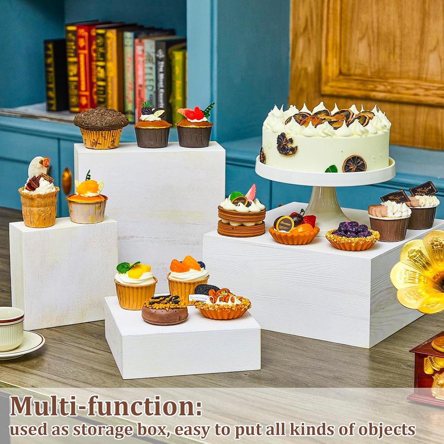 Roowest Set of 4 Wood Display Risers Rustic Cupcake Stand Rustic Wood Cake Stands Wooden Stackable Display Box for Dessert Wedding Birthday Christmas Village Party Decoration(Vintage White)