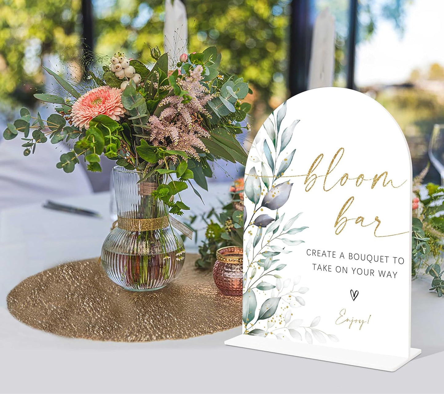 Acrylic Wedding Signs, Greenery Theme Bloom Bar Sign, Wedding Reception Signage, Bridal Shower Table Decor with Stand, Bloom Bar Supplies for Engagement, Anniversary, Newlywed Events and Parties, 01