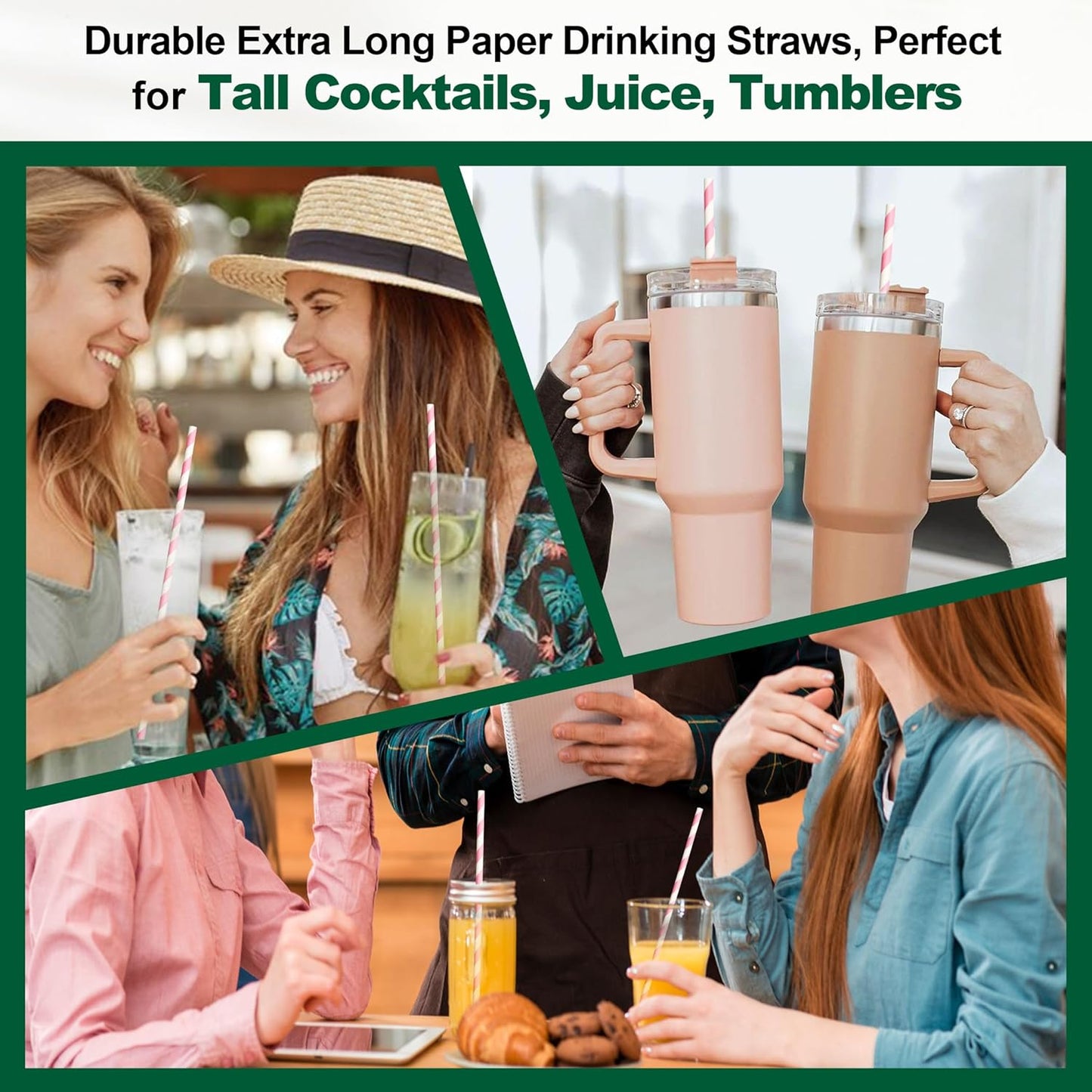 Biodegradable Pink Paper Straws for Drinking - 10 Inches Long, 0.24" Diameter, Pack of 100