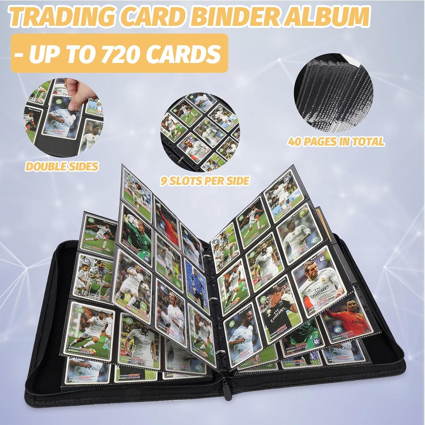 Trading Card Binder, Premium 9 Pocket Card Binder, 720 Double Sided Pocket PU Collection Binder, Collector Album, Card Holder for MTG, TCG, Sports Cards (Marble Grey)