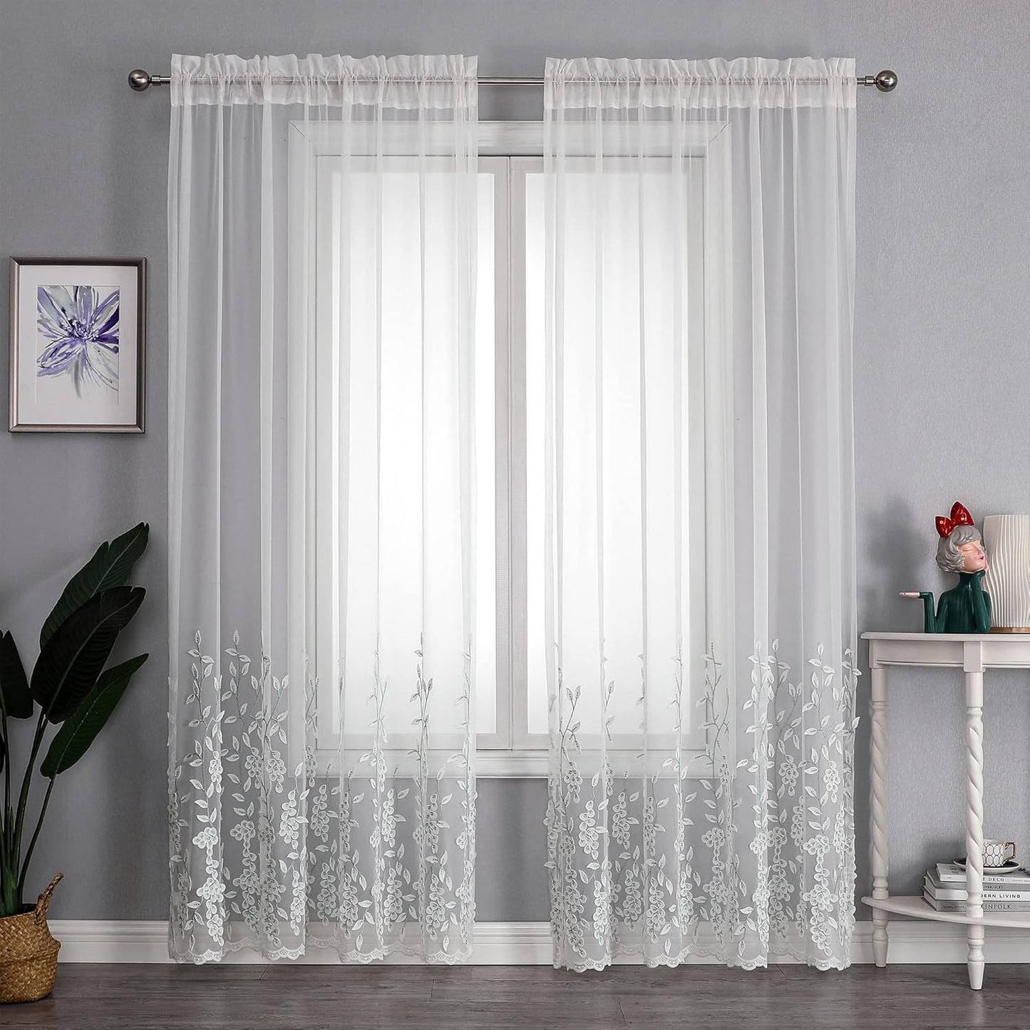 VISIONTEX White Sheer Voile Curtains, Decorative White Embossed Drip Rod Pocket Window Drapes for Home Kitchen, Living Room and Bedroom 54 x 63 Inch, Set of 2 Curtain Panels