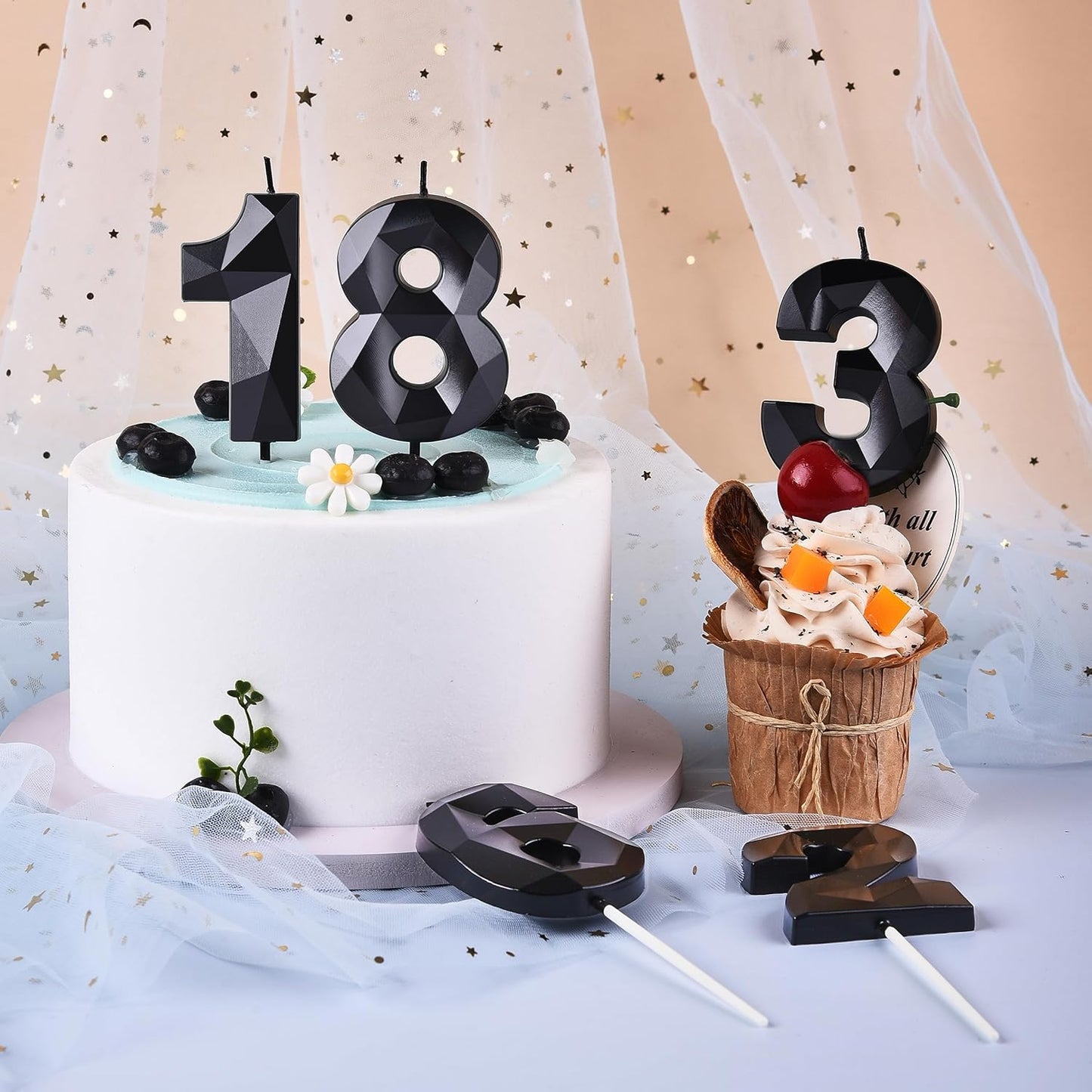 PHD CAKE 2.76 Inch Crystal Black 8 Number Birthday Candles, Red Number Candles, Cake Number Candles, Party Celebration