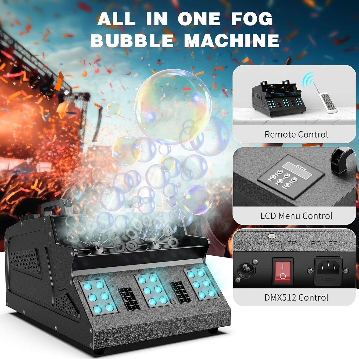 2000W Fog Machine, 3 in 1 Fog Bubble Machine with 2 Bubble Fans, 18 RGB LED Lights Smoke Bubble ALL IN ONE Fog Machine, Bubble Machine for Halloween Christmas Party Wedding Birthday