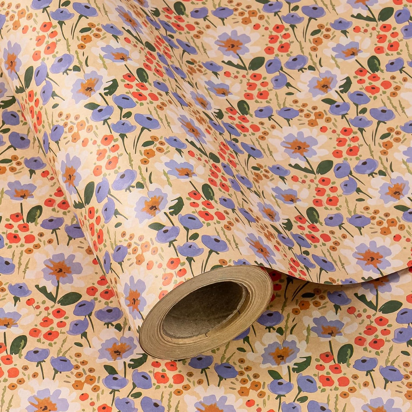 WRAPAHOLIC Kraft Floral Wrapping Paper Roll - Mini Roll - 17 Inch x 9.8 Feet - Watercolor Flower Wrapping Paper, Perfect for Wedding, Birthday, Bridal Shower, Tea Party