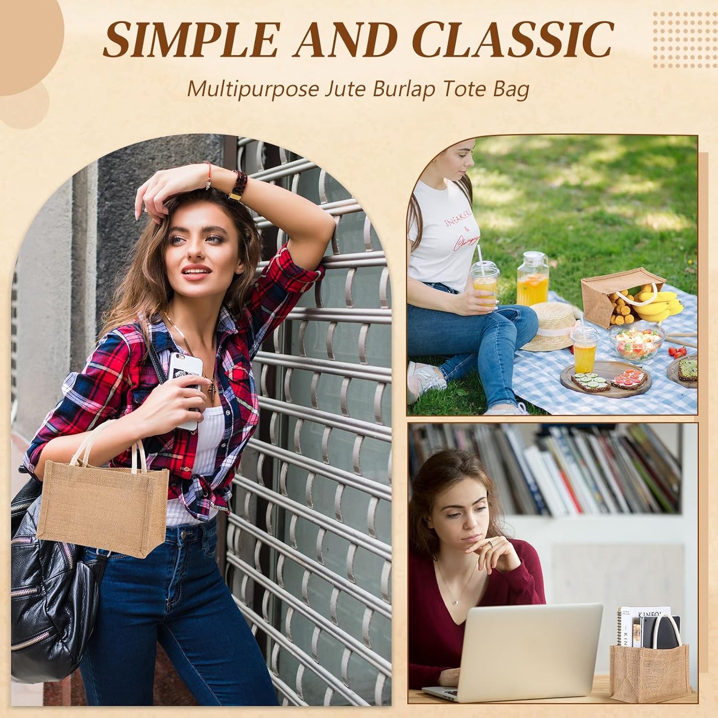 Cunno 24 Pcs Burlap Tote Bag Mini Jute Reusable Waterproof Bag with Handles Small Blank Canvas for Wedding Beach DIY Gift(Classic,9.06 x 6.3 x 5.12)