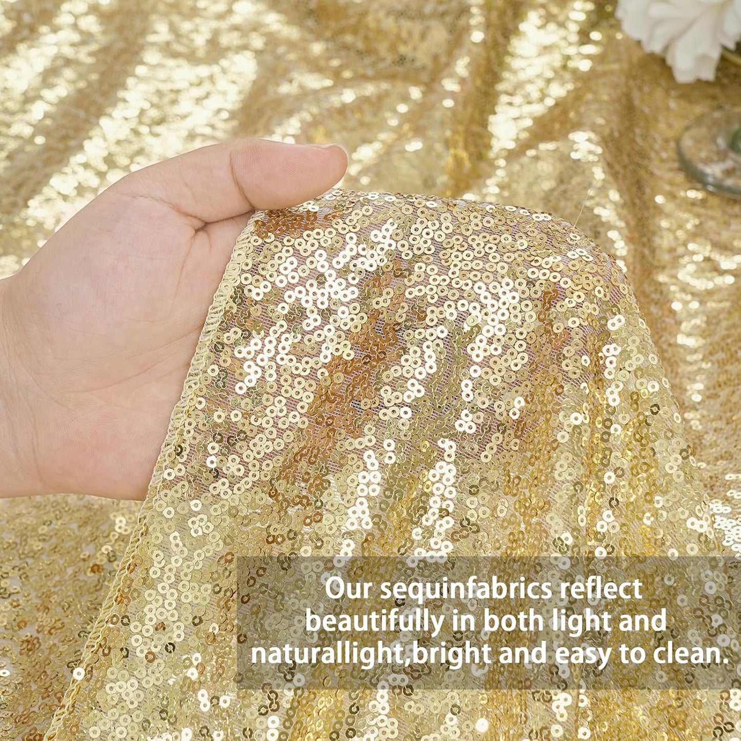 QueenDream Light Gold Tablecloth Party Decorations: Sequin Fabric Cover Drapes 60x102 Inch Tablecloth 16st Birthday Cake Table Graduation Decor