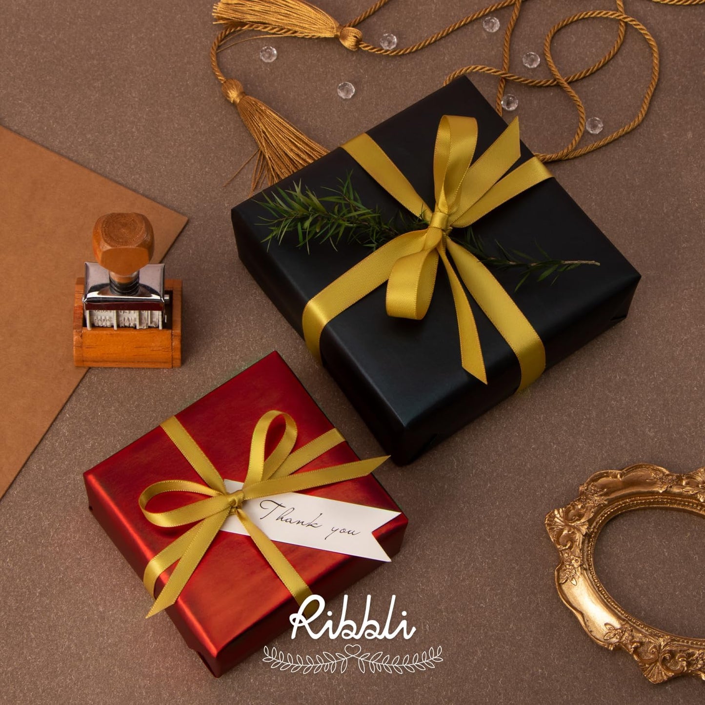 Ribbli Double Faced Gold Satin Ribbon,3/8” x Continuous 25 Yards,Use for Bows Bouquet,Gift Wrapping,Floral Arrangement