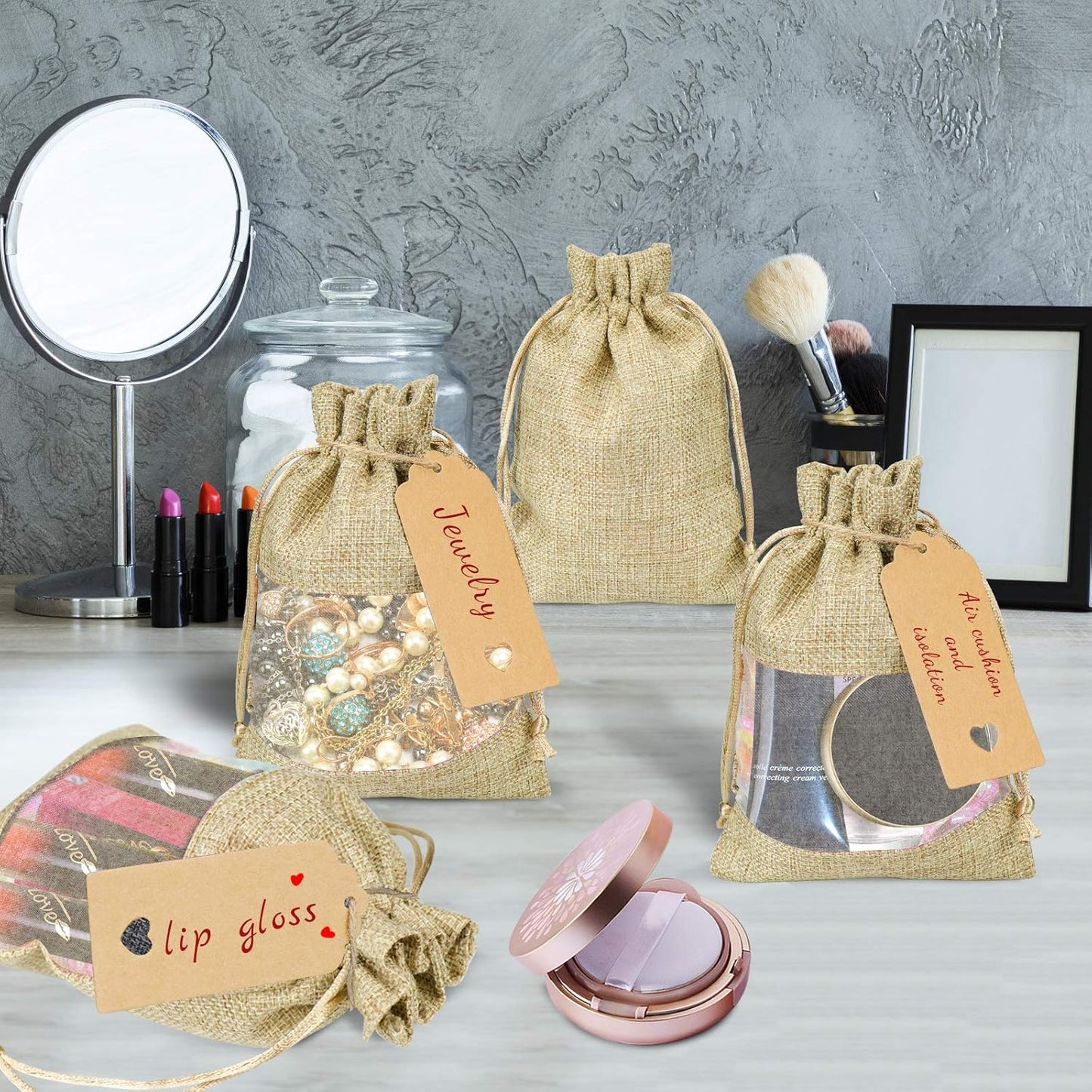 GIOIPC 50Pcs 5 x 7 Inch Linen Burlap Sheer Bags with Drawstring and Bonus Gift Tags for Wedding Birthday Bag,Craft Bags,Cosmetic Samples