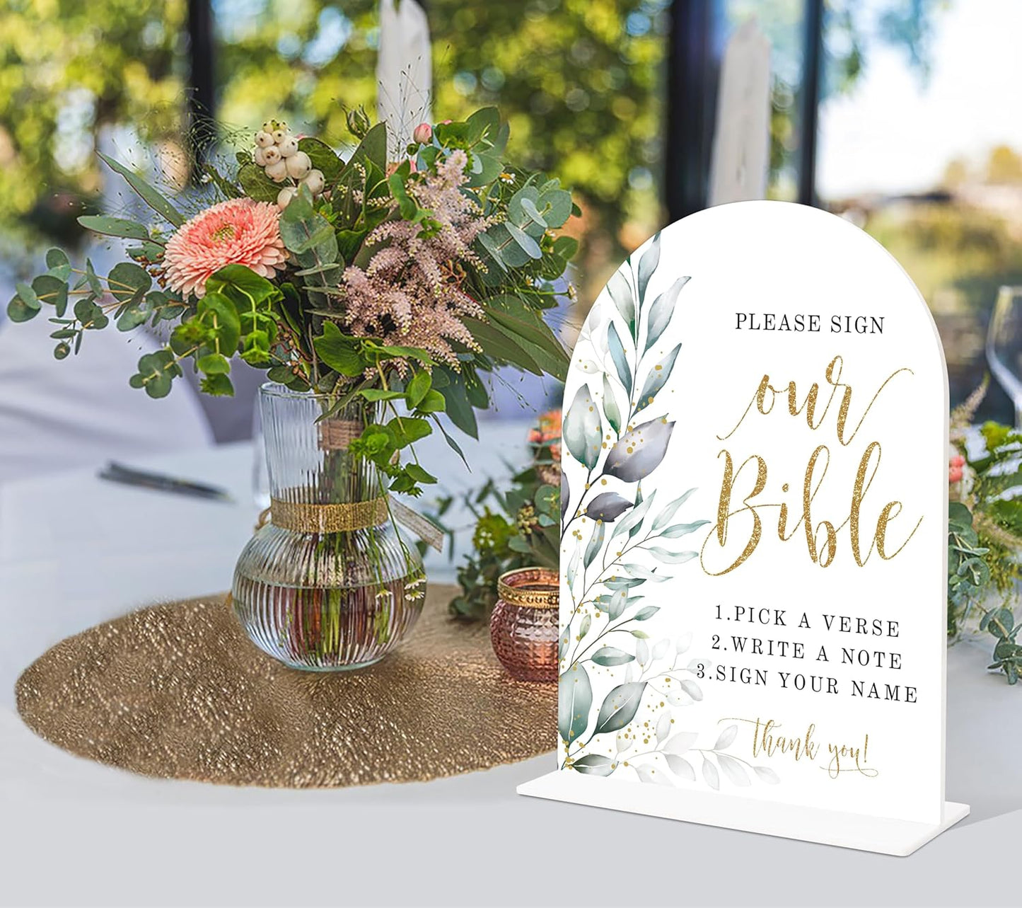 Acrylic Wedding Signs, Greenery Theme Please Sign Our Bible, Wedding Reception Signage, Bridal Shower Table Decor with Stand, Engagement, Anniversary, Newlywed Events and Parties Supplies, 11