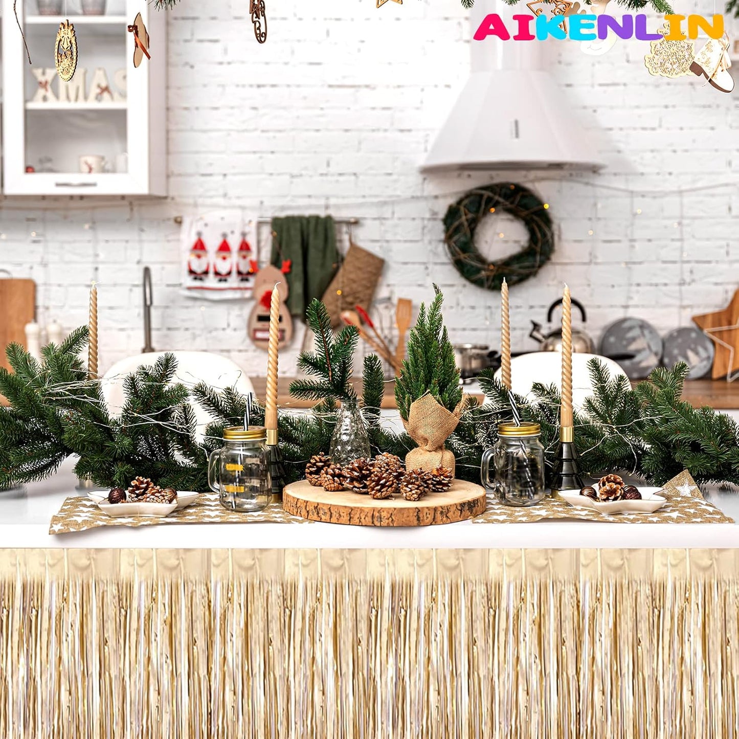 6 Pack 29x108 Inch Metallic Foil Fringe Tinsel Table Skirts Banner for Rectangle Tables Streamer Garland Backdrop for Wedding, Birthday, Parade Floats, Halloween Party Decoration(New Champagne Gold)