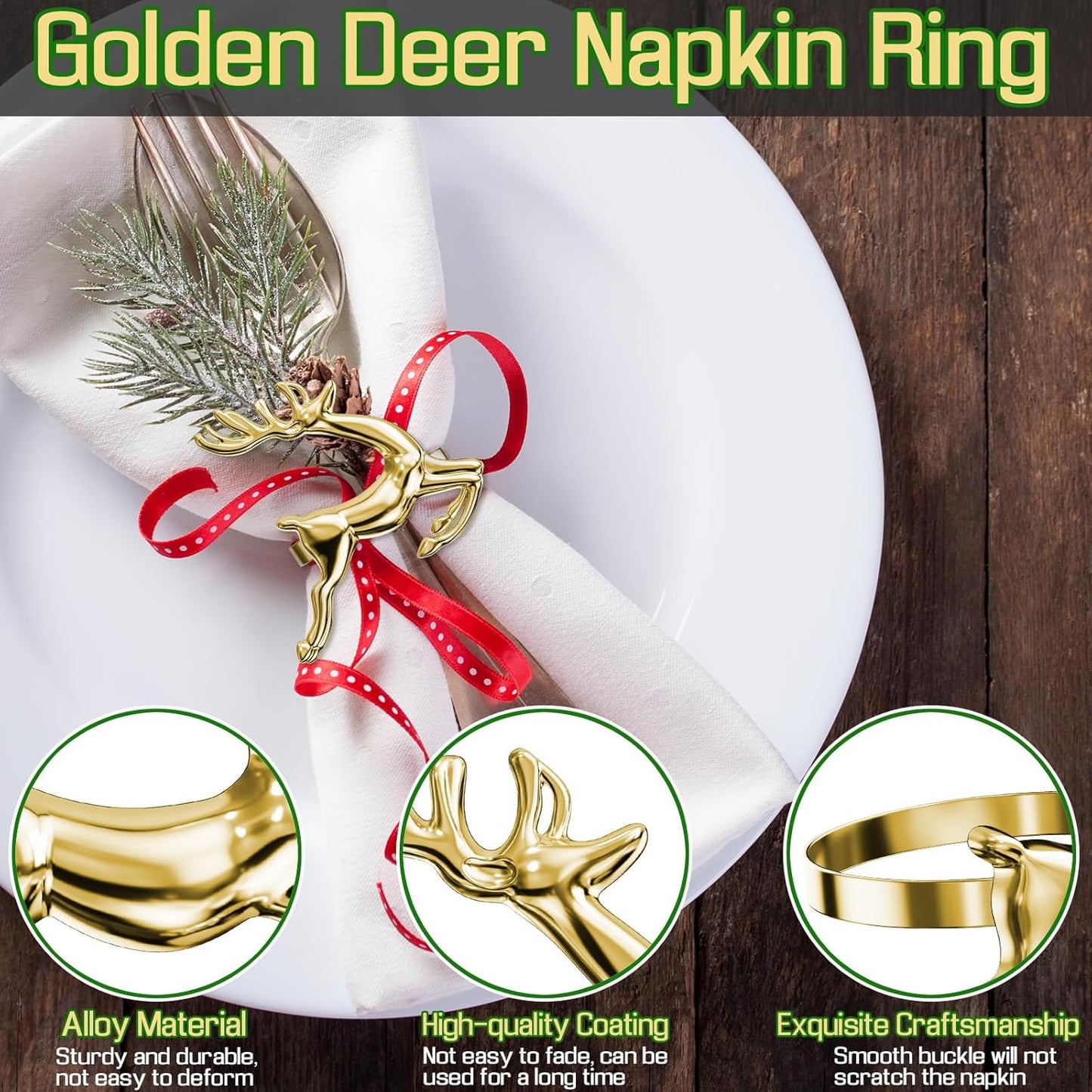 ZeeDix Gold Reindeer Christmas Napkin Rings Set of 6, Napkin Holder Ring for Christmas Dinner Table Decor Cloth Napkins, Wedding Receptions, Holiday Party, Banquet and Home Kitchen
