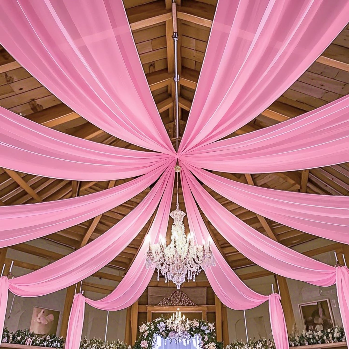 MODFUNS Pink Wedding Drapes 5x30ft 2 Panels Wedding Arch Draping Fabric Chiffon Semi Sheer Drapery Curtain Ceiling Covering Fabric for Party Banquet Decorations