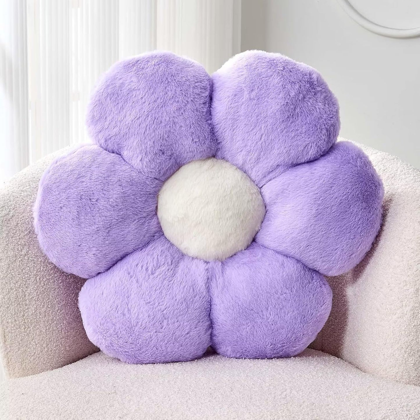 Lavender Flower Pillow, Cute Decorative Shaped Throw Pillow With Faux Rabbit Fur, 14.9" Soft Plush Floor Pillows Room Decor for Bedroom Living Room