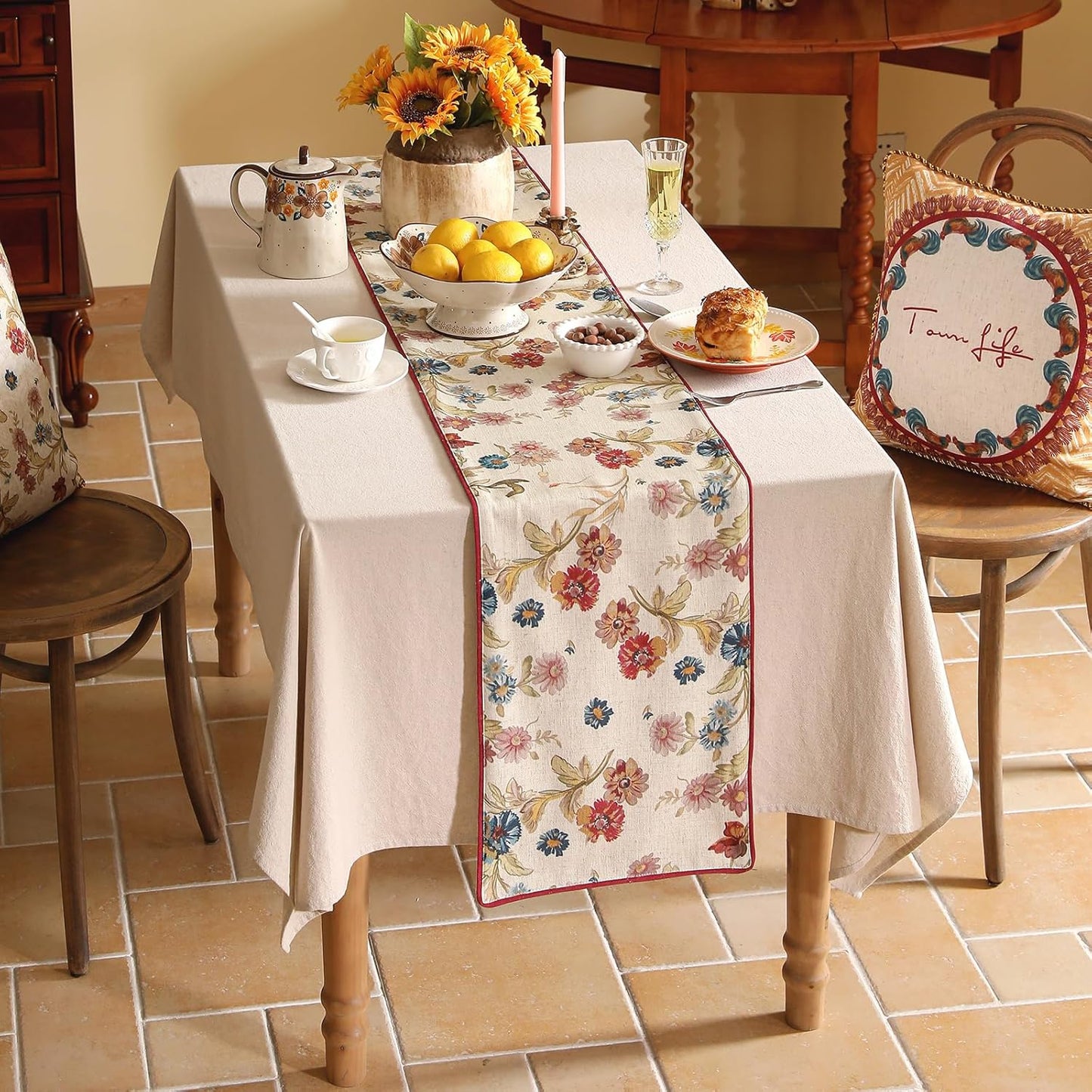 patdrea Designer Farmhouse Linen Extra Long Table Runner, Rustic Cottage Beige with Floral Pattern Fabric Table Mat, Decoration for Kitchen Dining Coffee Table Banquet Christmas , 12"*118"