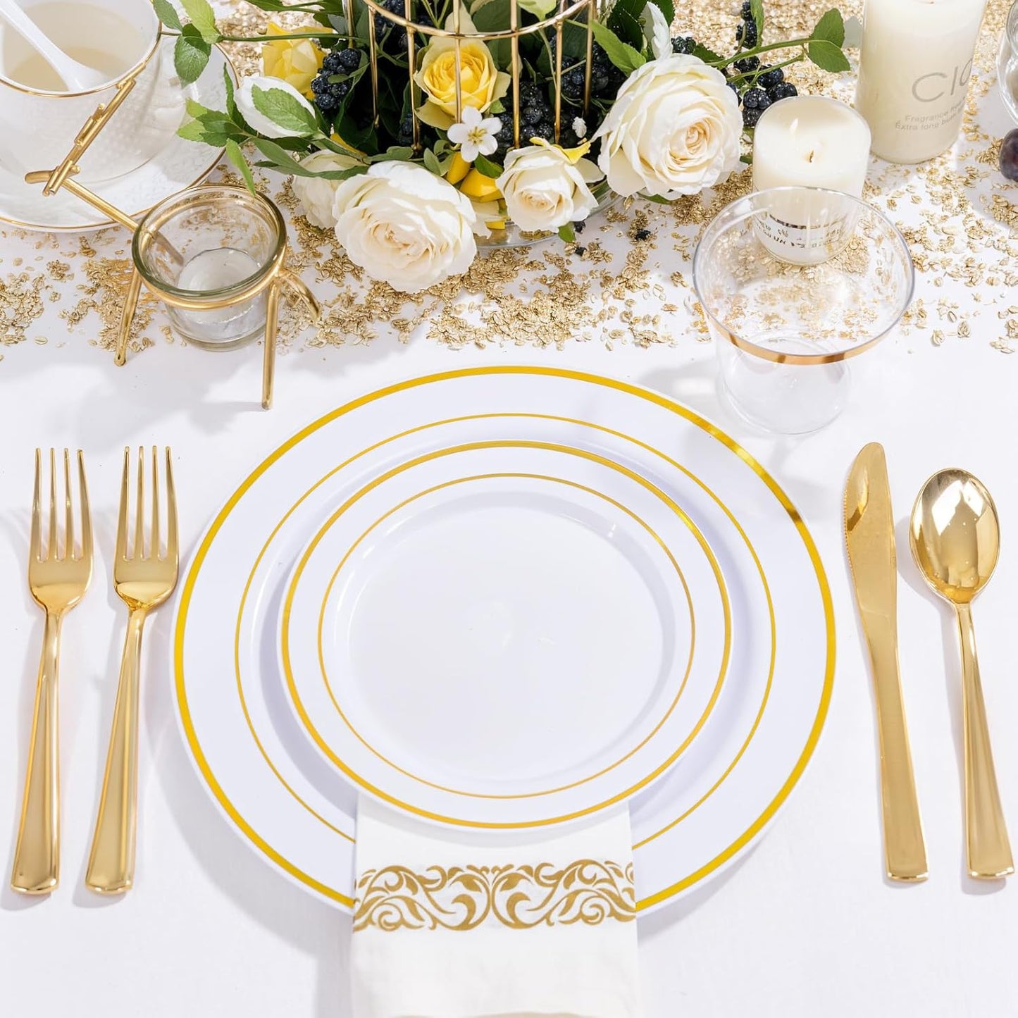NOCCUR 700PCS Gold Disposable Dinnerware Set for 100 Guests - Plastic Plates for Party - Include 200 Gold Dinner/Dessert Plates, 100 Napkins, 100 Cups, 300 Plastic Silverware - Ideal for Wedding&Party