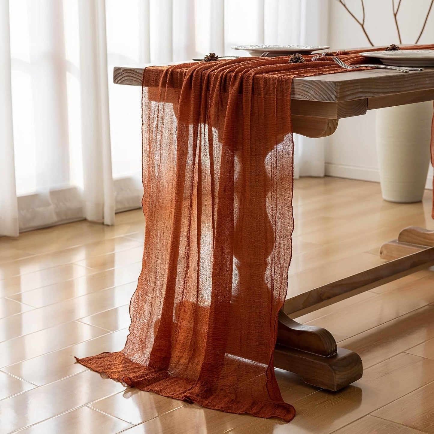 Keketo Fall Thanksgiving Table Runner Terracotta Rust Gauze 120 Inch 10 FT Rustic Burnt Orange Sheer Cheese Cloth for Bridal Shower Friendsgiving Party Centerpiece Decor Fall Decorations for Home