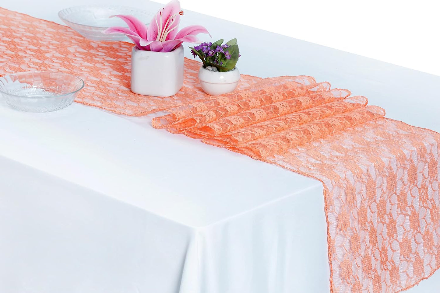 MDS Pack of 15 Wedding 12 x 108 inches Lace Table Runner for Wedding, Decorations for Birthday Parties, Banquets, Graduations, Engagements, and Runners fit Rectangle, Round Table- Peach