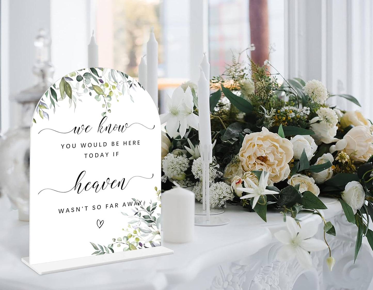 Greenery Wedding Memorial Sign, 6 x 8 Inch White Arch Acrylic Wedding Sign with Holder, Wedding Decoration, Wedding Supplies