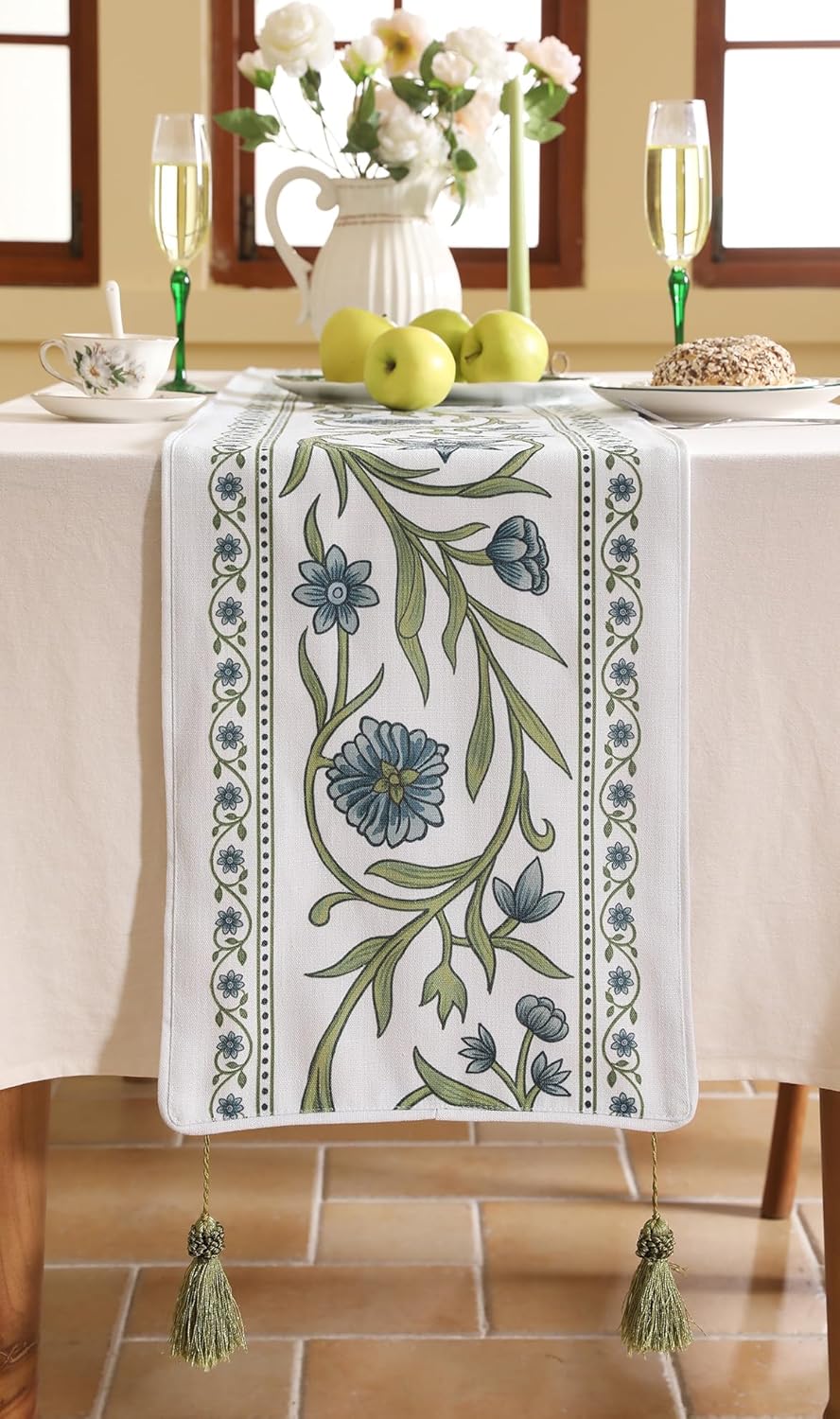 ISAENNE Designer Elegant Linen Table Runner 71 Inches Long,Vintage Blue Floral Pattern Decor Table Runners for Dining Tables,Kitchen Tables,Thanksgiving,Christmas,Banquet,12"*71"-Mosella E