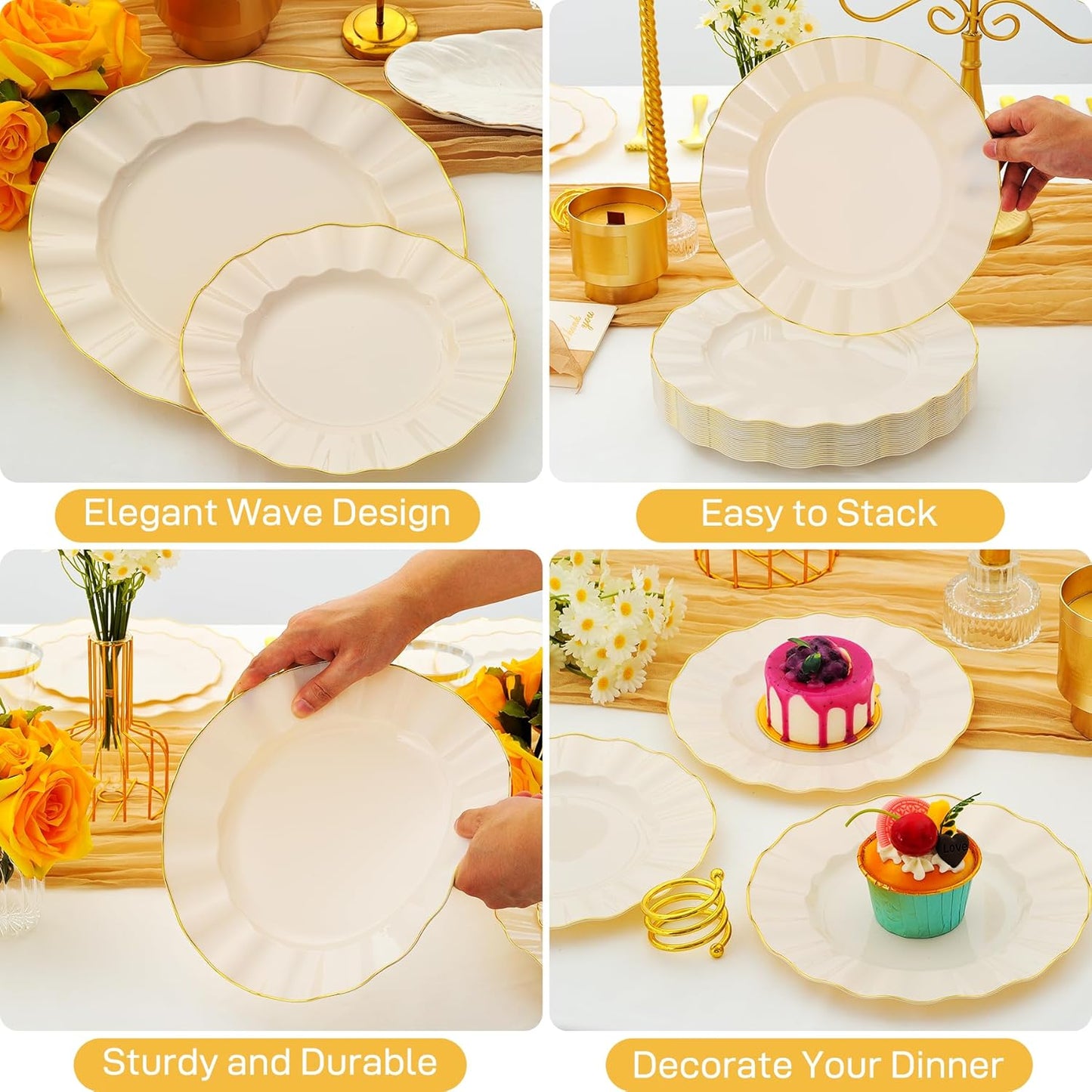 60Pcs Heavy Weight Ivory Plastic Plates with Gold Trim, Heavy Duty Wedding Plates, Elegant Disposable Plate Sets include 30 10" Dinner & 30 7" Dessert Plates for Party & Wedding(30 Guests)