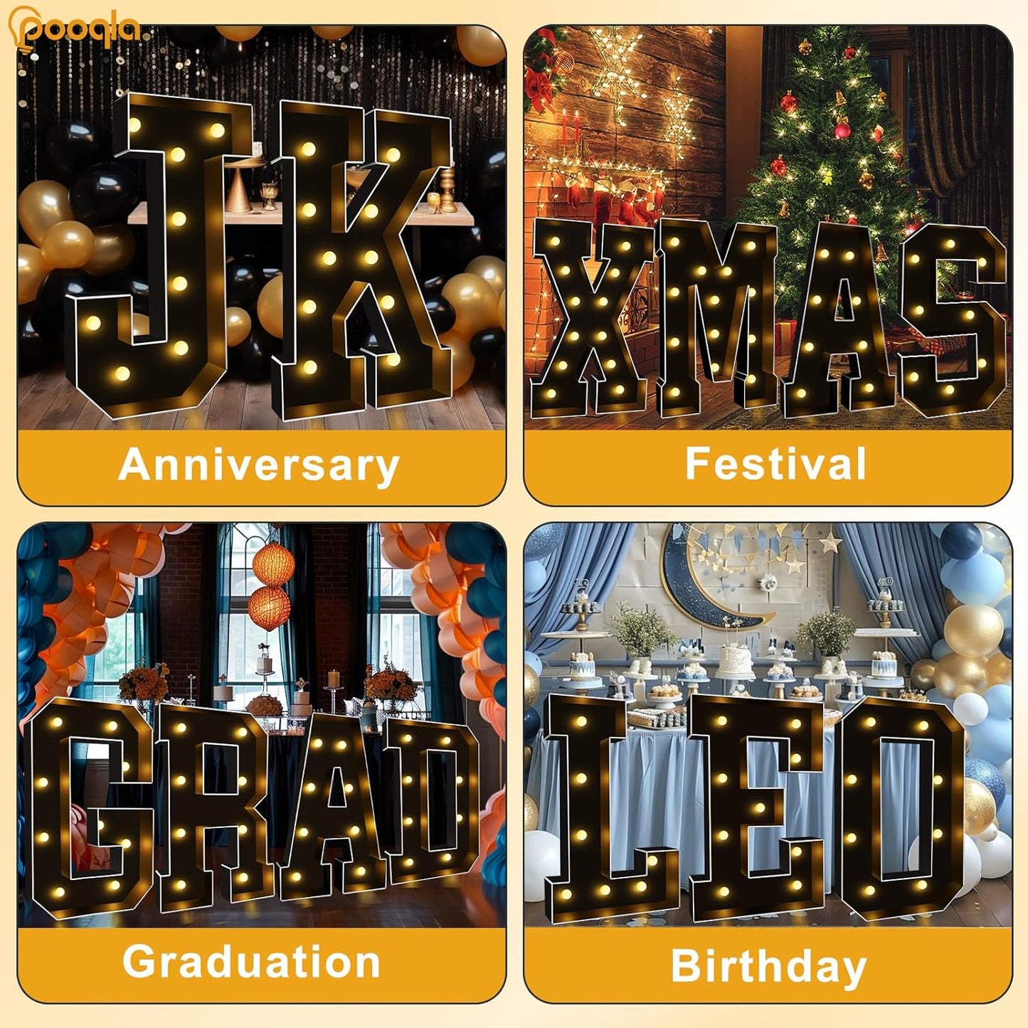 Pooqla 3FT Marquee Light Up Letters, Black LED Party Decor Large Marquee Letters 3 Feet Tall, Giant Mosaic Letter for Birthday Graduation Anniversary Wedding Decoration, Letter M