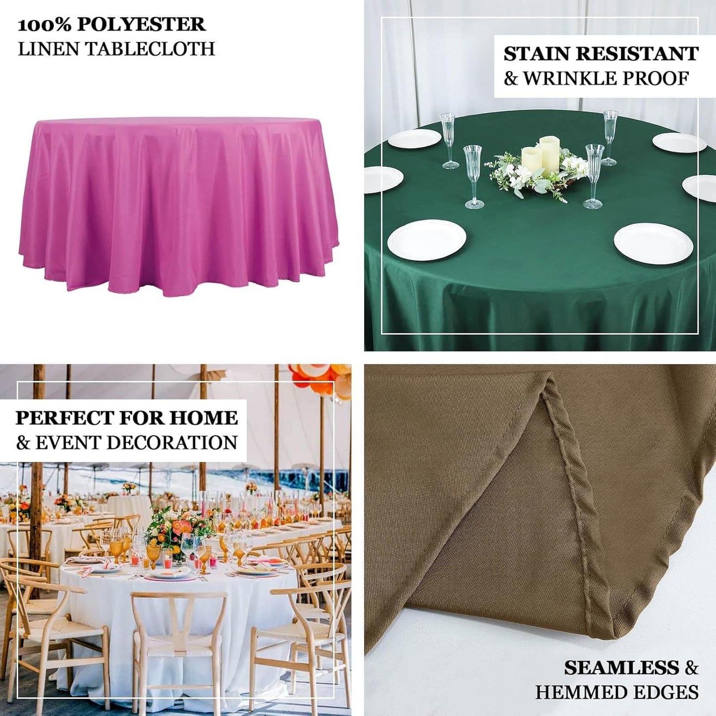 Efavormart Round Tablecloth, 132 Inch Stain & Wrinkle Resistant Washable Table Cloth, Decorative Polyester Fabric Table Cover for Banquet, Wedding, Dining- Pink