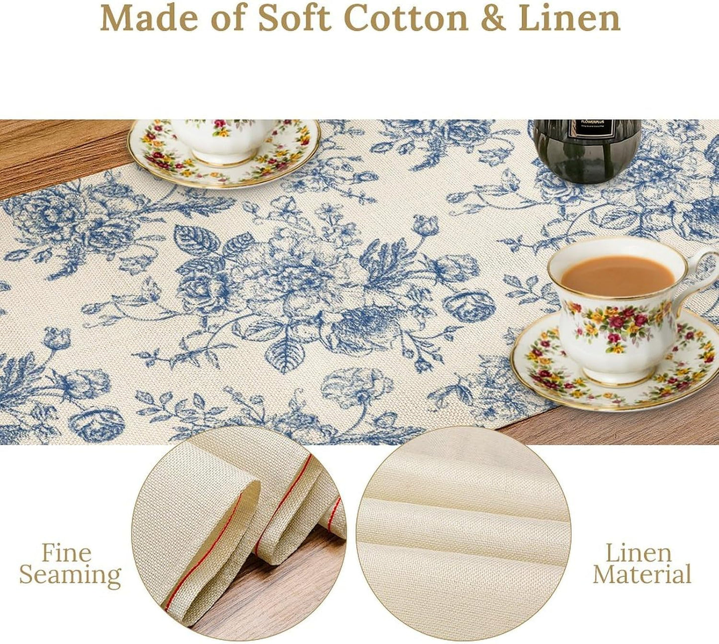 Floral Table Runner, Retro Blue Flower Chinoiserie Sketch Pattern Print Table Runner for Kitchen Dinning Table Runner Decor Home Wedding Party Holiday, 13x60 Inch