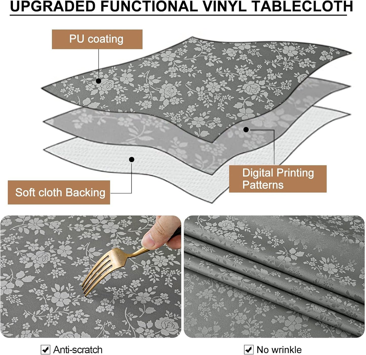 Smiry Rectangle Table Cloth, Waterproof Heavy Duty Vinyl Tablecloths, Wipeable Washable Table Cover for Kitchen and Dining Room (Grey, 52" X 70")