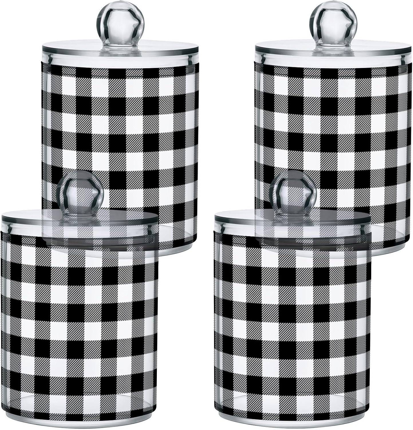 Gredecor Qtip Holder Dispenser 2 Pack Black White Classic Buffalo Plaid Bathroom Decorative Storage Canister Holder Counter Vanity Organizer for Cotton Ball Swabs Pads Floss