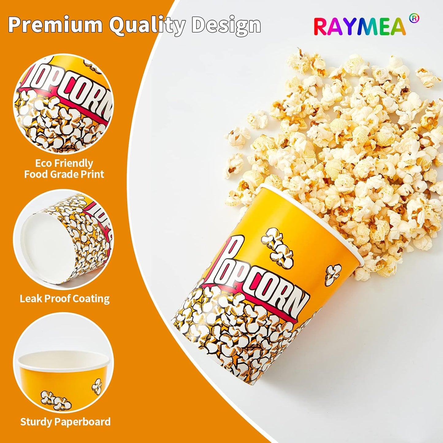 RAYMEA Popcorn Buckets Disposable 32oz Retro Style Paper Leak Proof Popcorn Containers Bowls for Family Movie Night & Party - 10 Pack