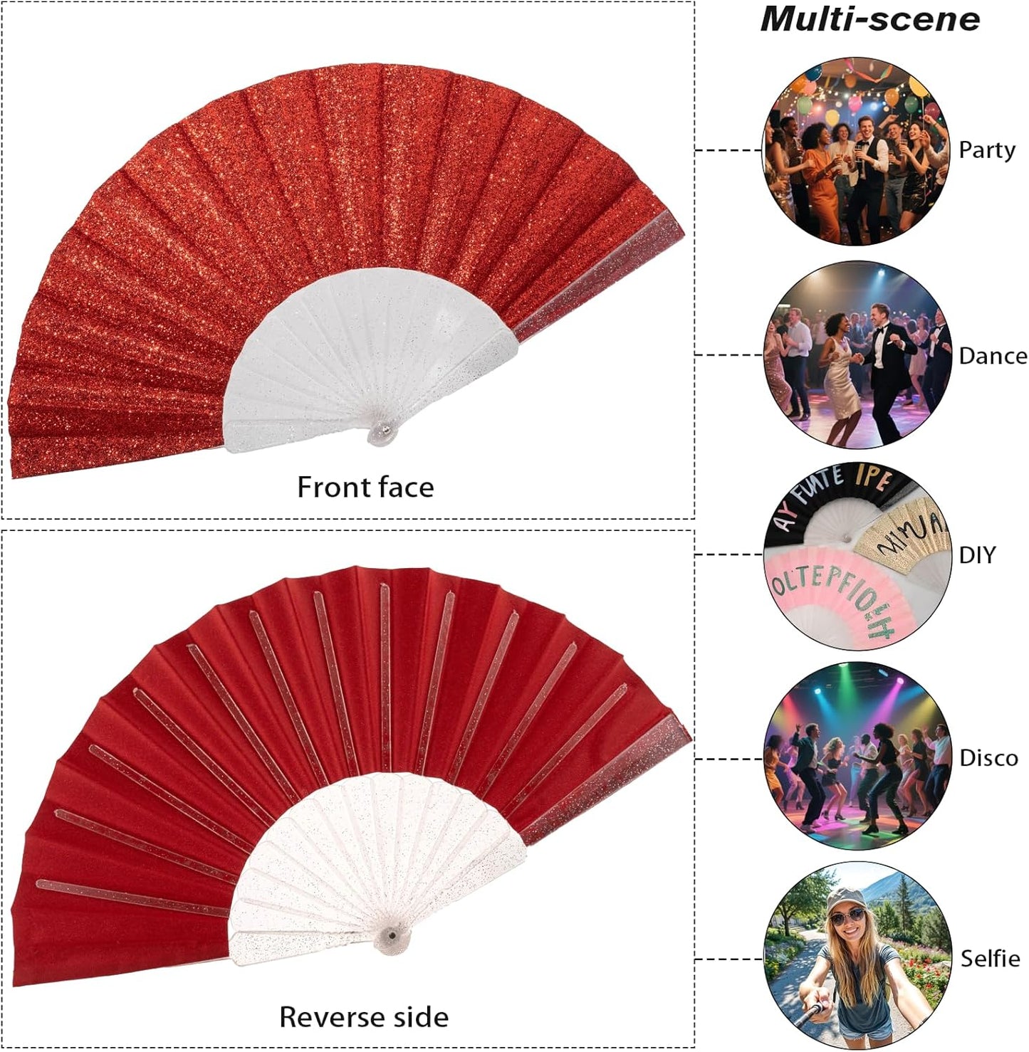 24 Pack Handheld Fan,Folding Hand Glitter Fan with Shining Transparent Fan Rib – Ideal for Wedding, Church, Festival, Dance, Tea Party, Club, and EDM Accessories, Red